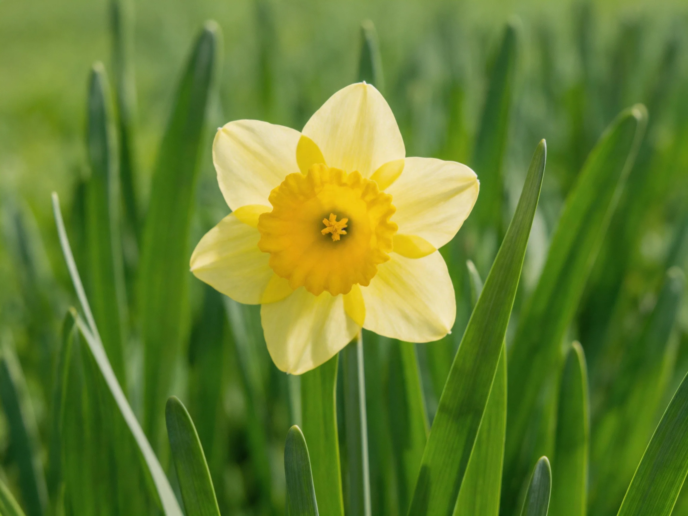 A single pale-yellow daffodil blooms amid lush green foliage
