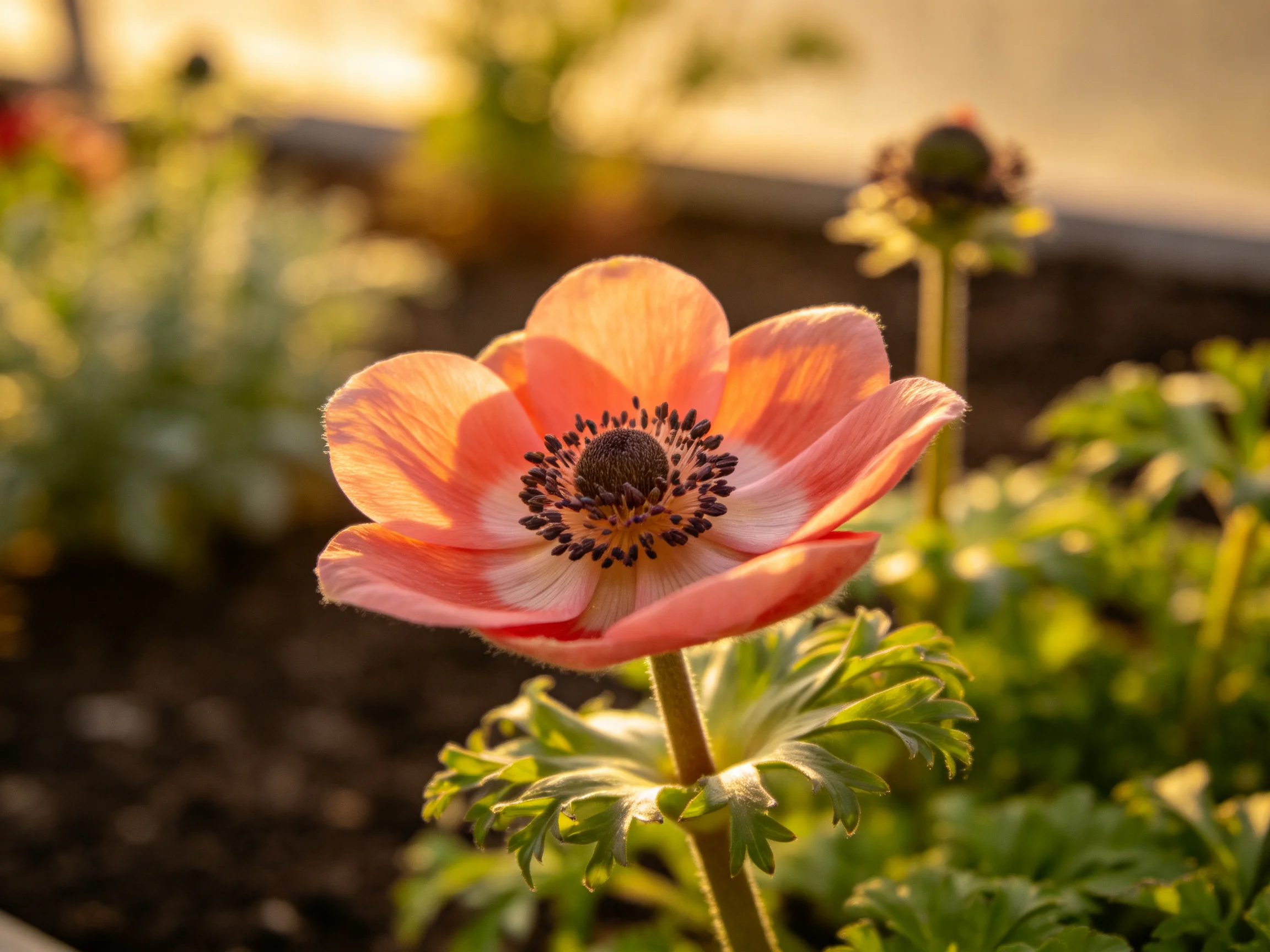 A single peach-hued flower blooms amid lush greenery under golden light
