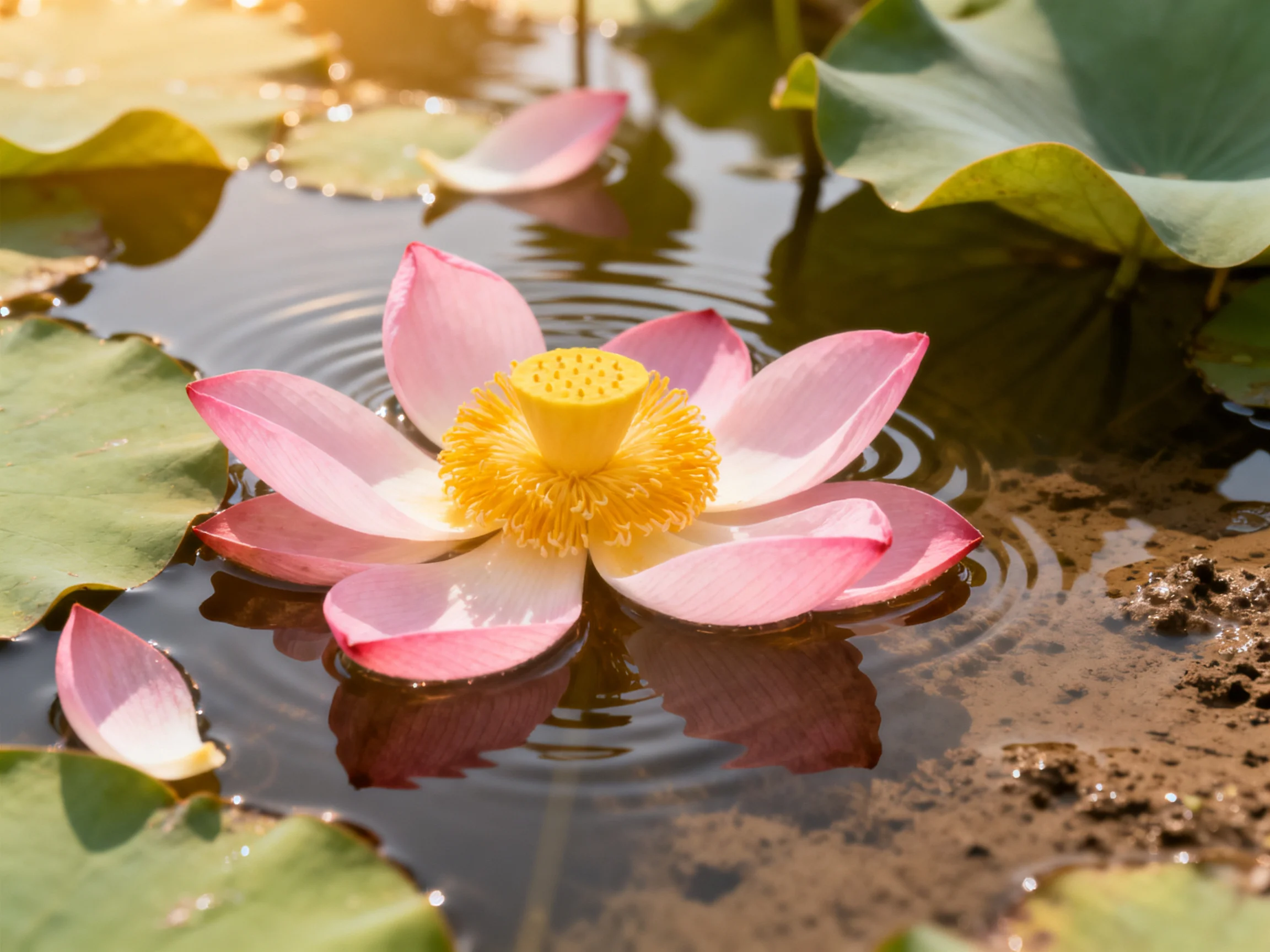 A single pink-and-white lotus blooms in calm pond waters