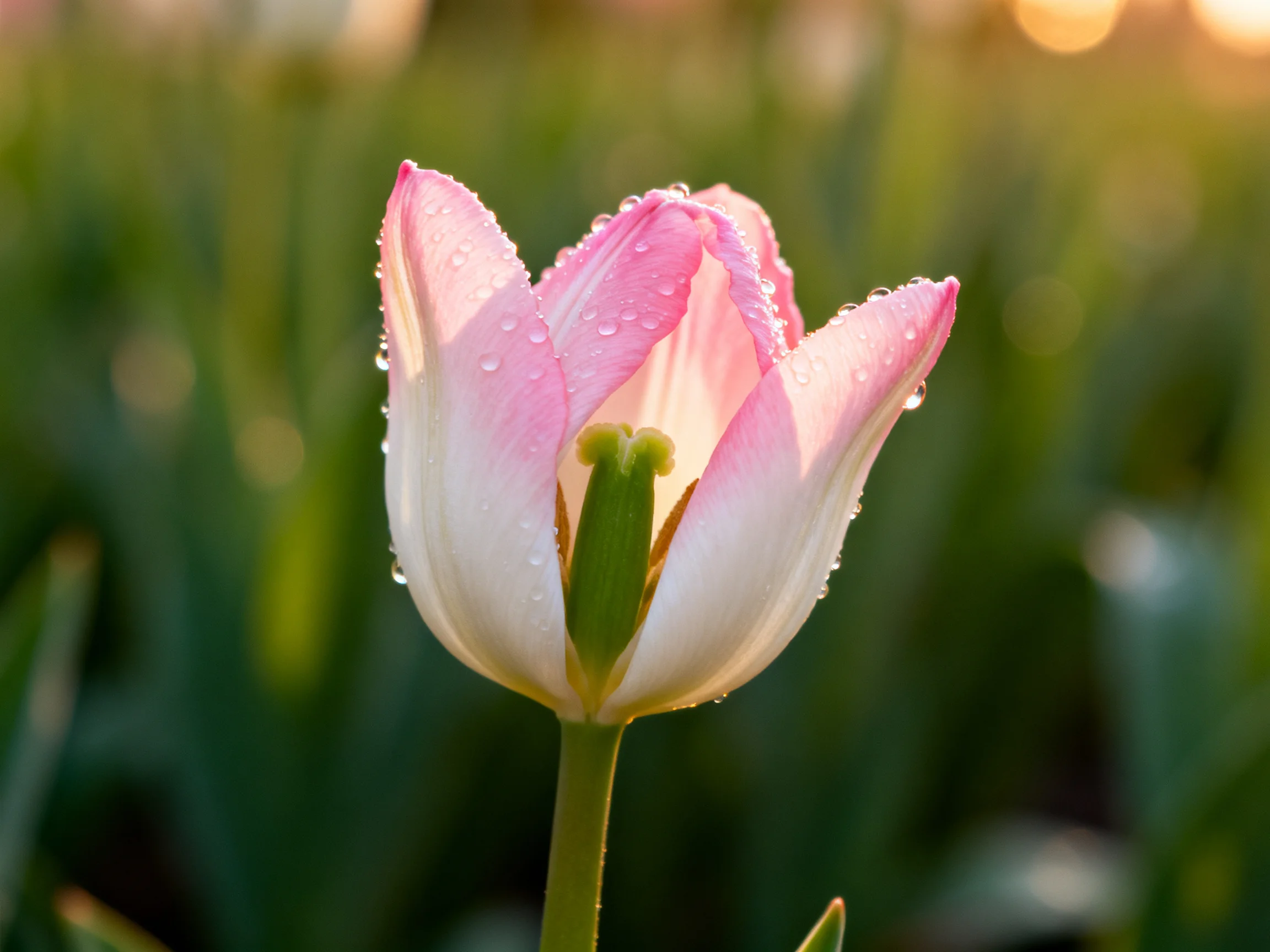 A single pink-and-white tulip with dewdrops in a green field