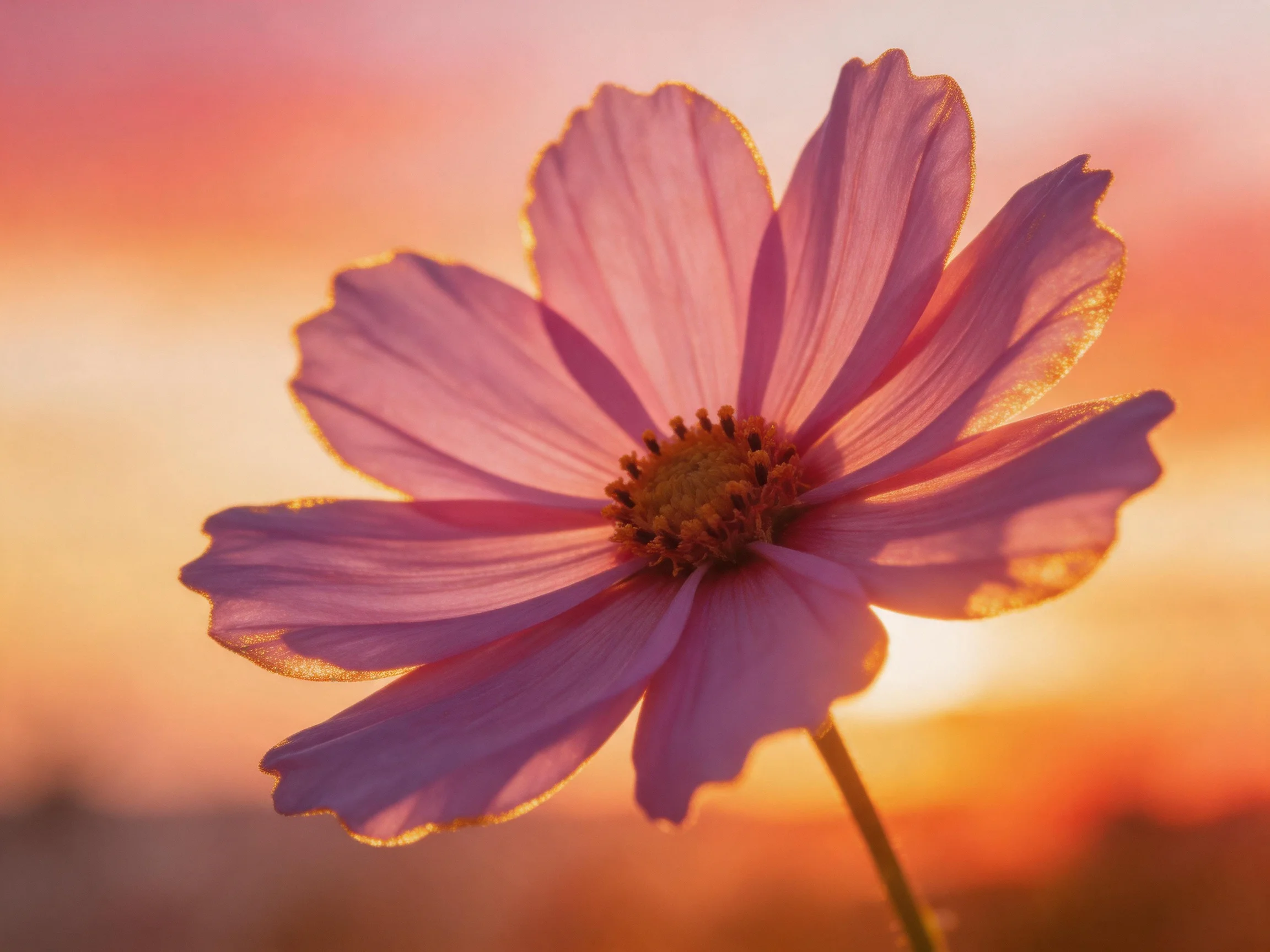A single pink cosmos flower backlit by warm sunset hues