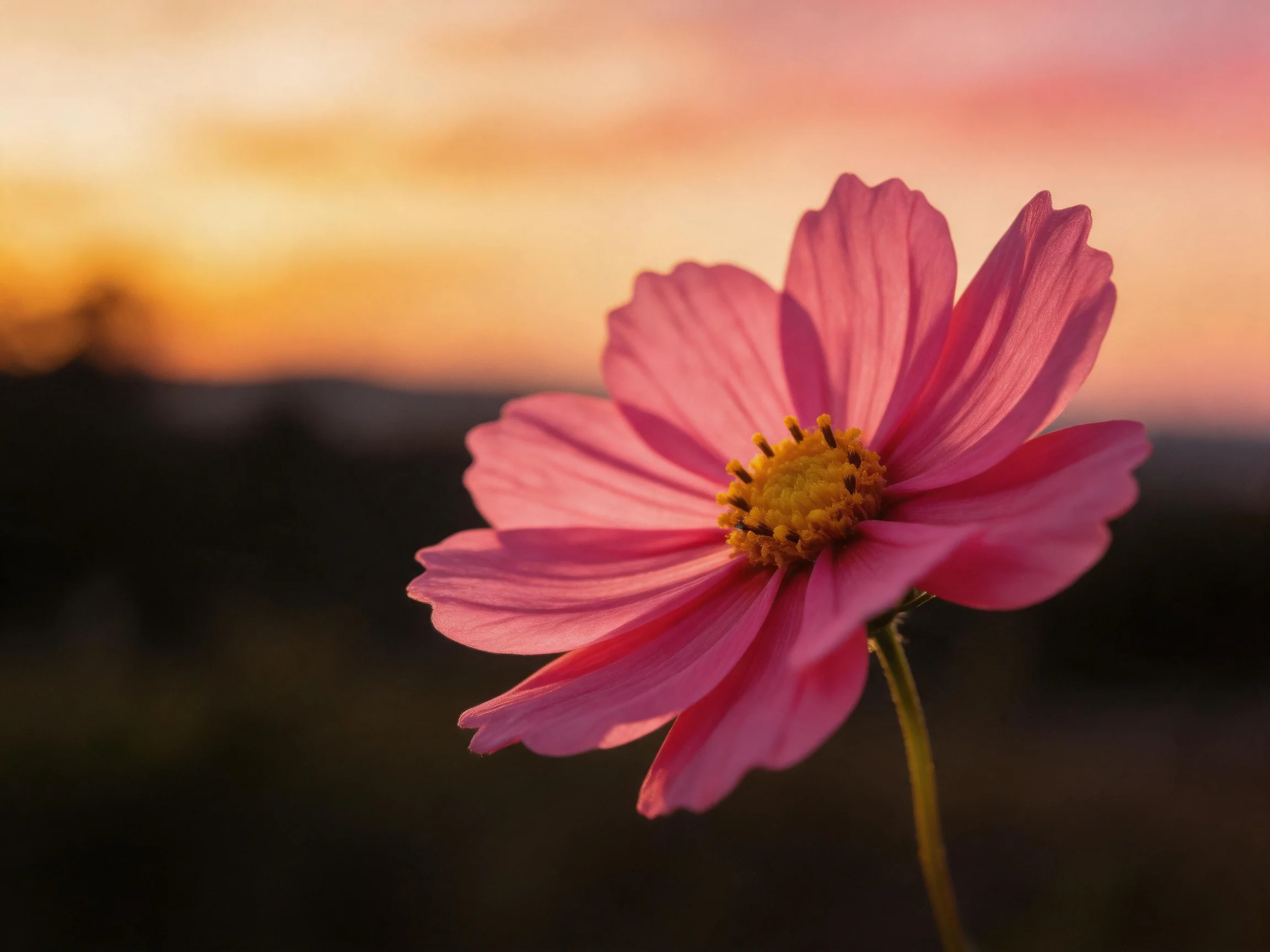 A single pink cosmos flower set against a warm sunset