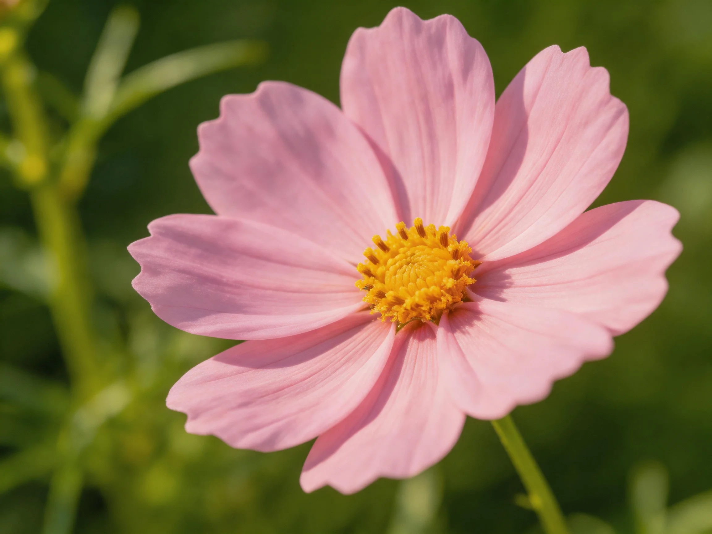 A single pink cosmos flower with a bright yellow center