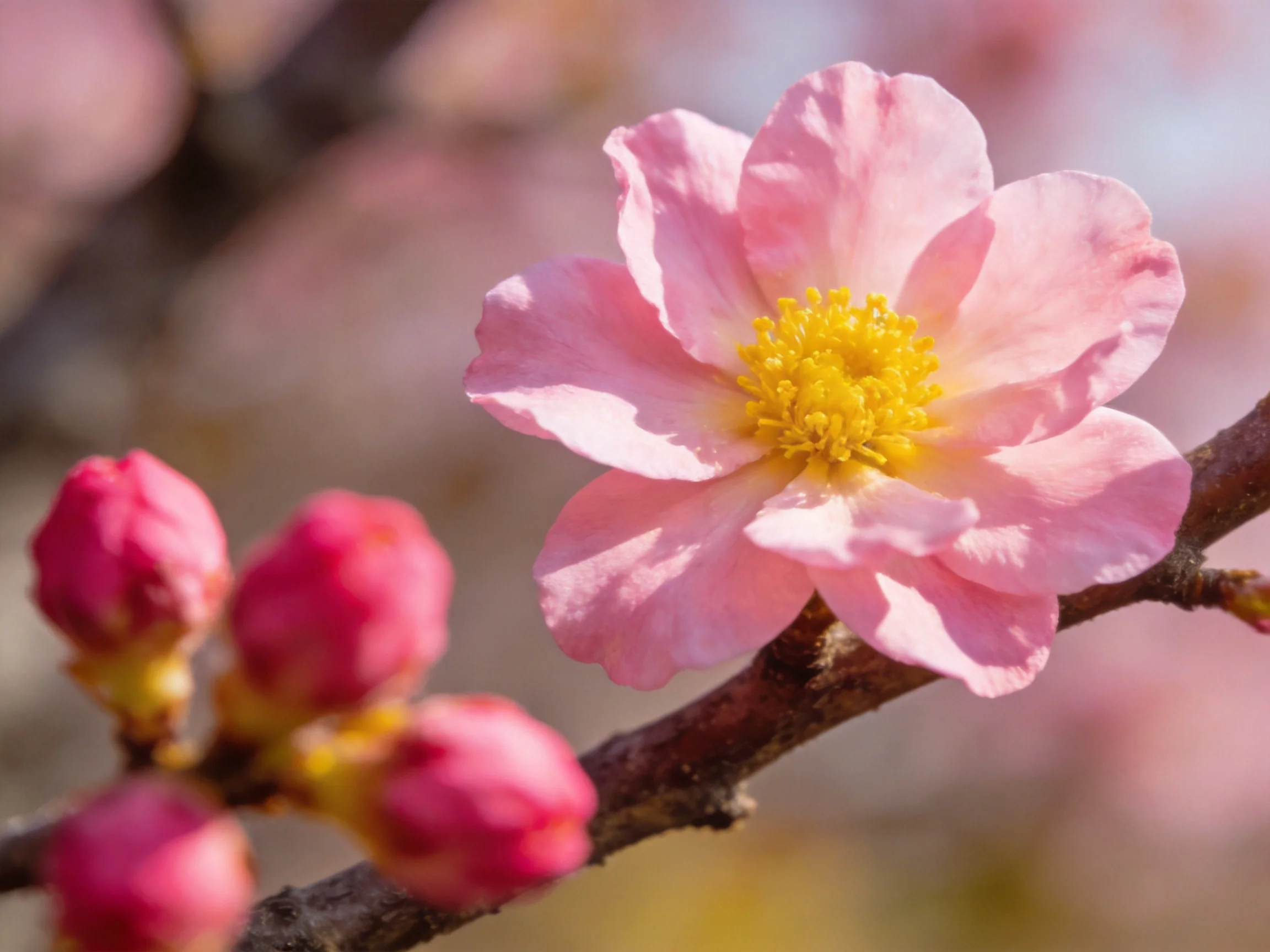 A single pink flower blooms beside closed pink buds on a brown branch