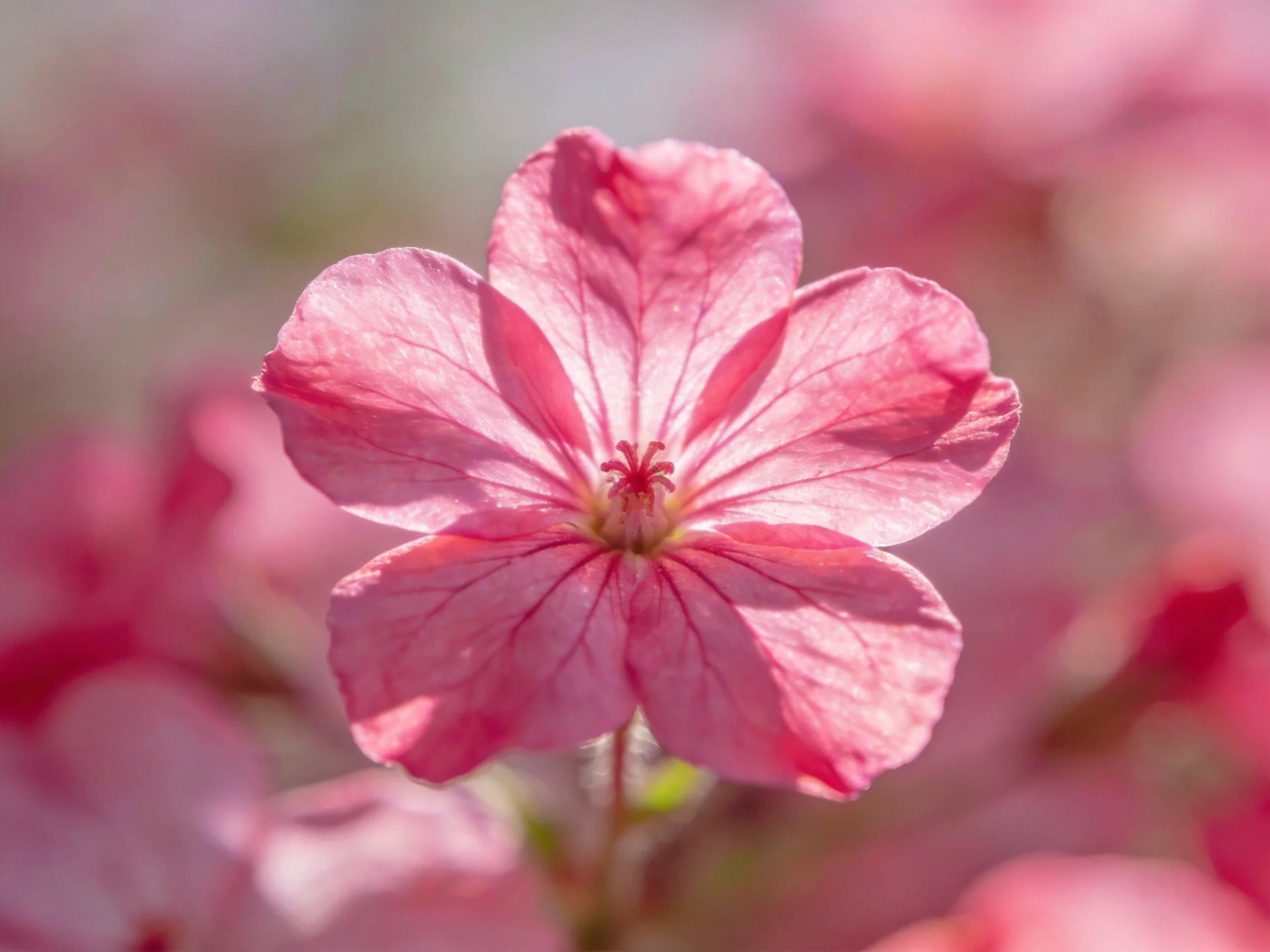 A single pink geranium flower in clear focus with soft pink bokeh background