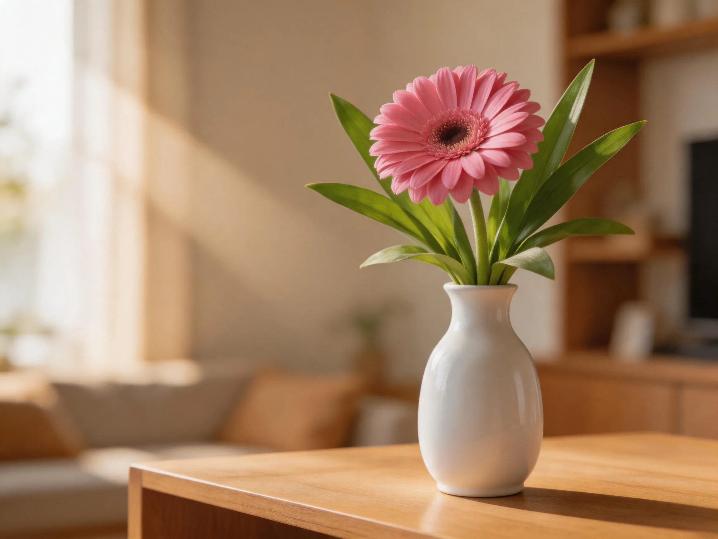 A single pink gerbera in a white vase on a wooden table