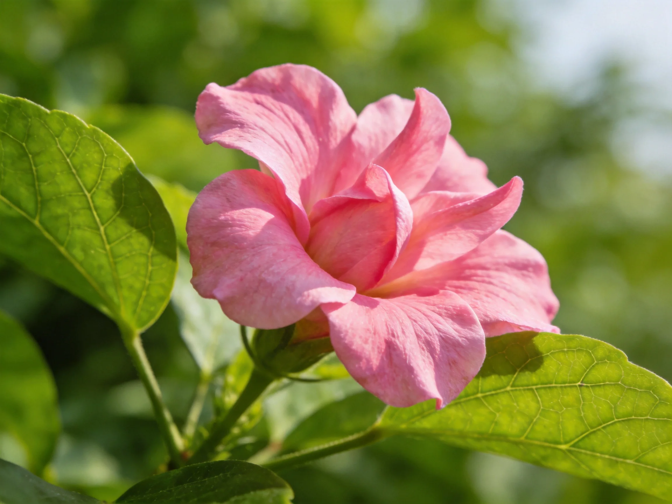 A single pink hibiscus flower surrounded by broad green leaves