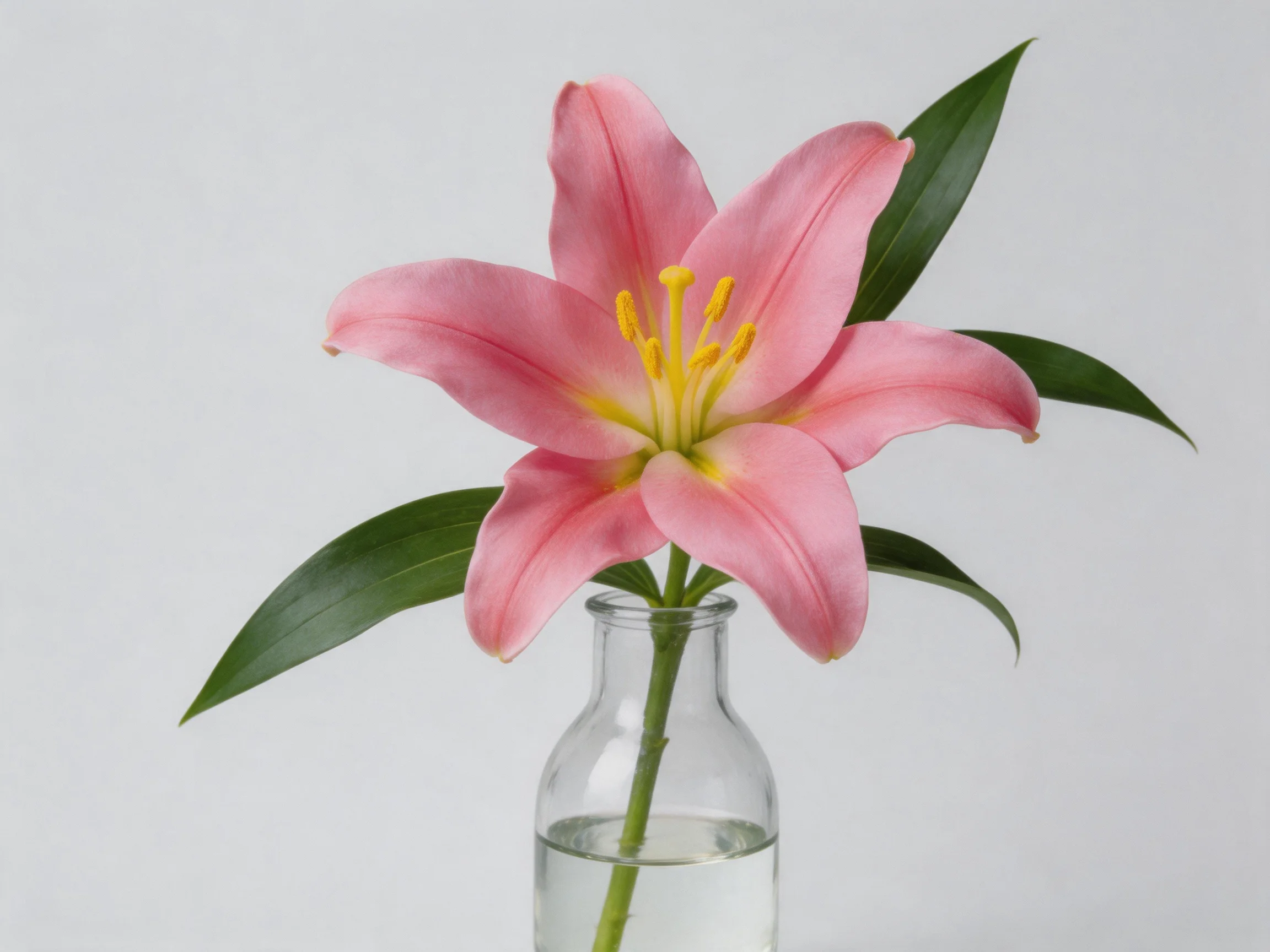 A single pink lily flower displayed in a clear glass bottle with water