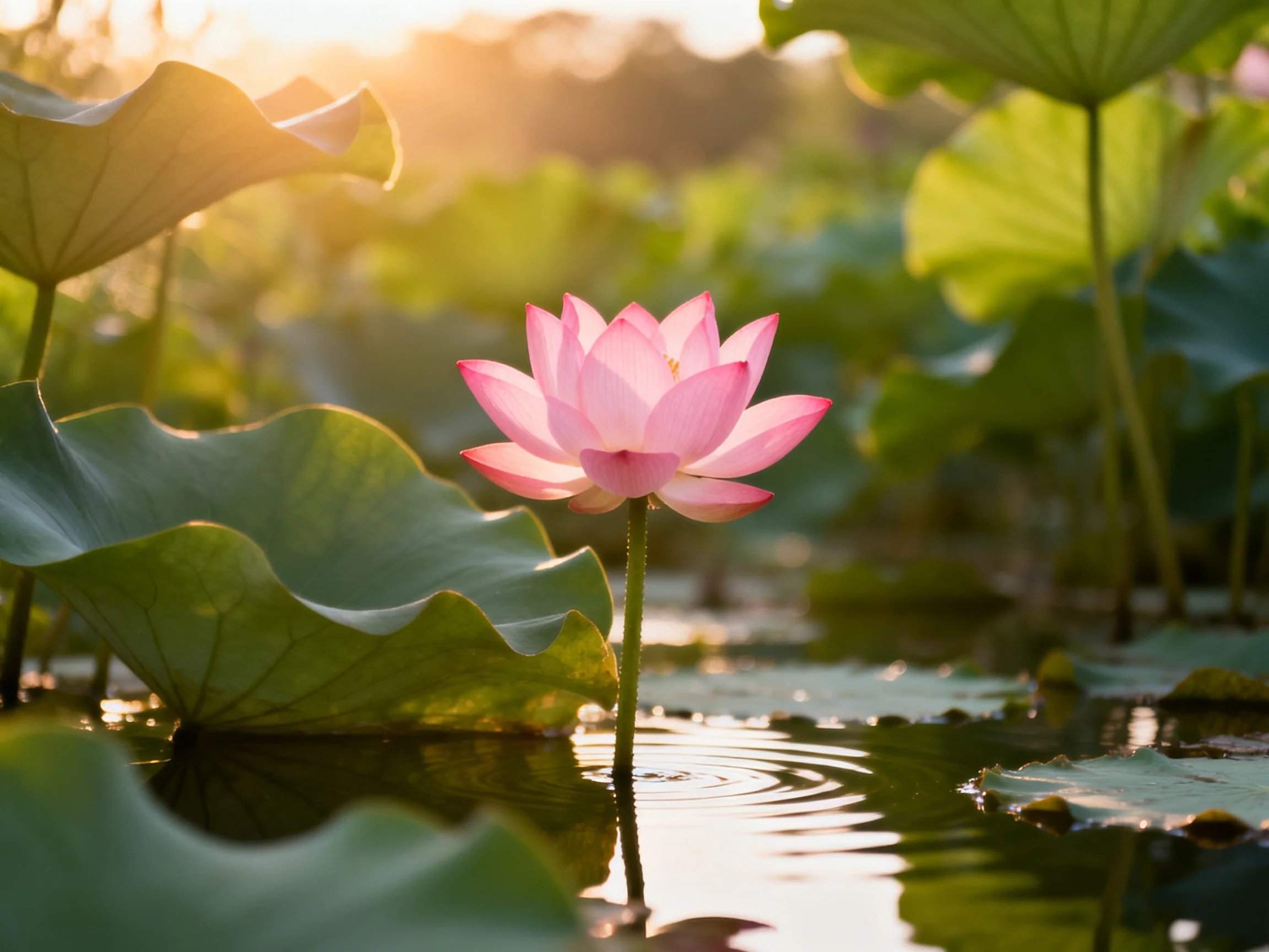A single pink lotus amid large green lily pads in a sunlit pond