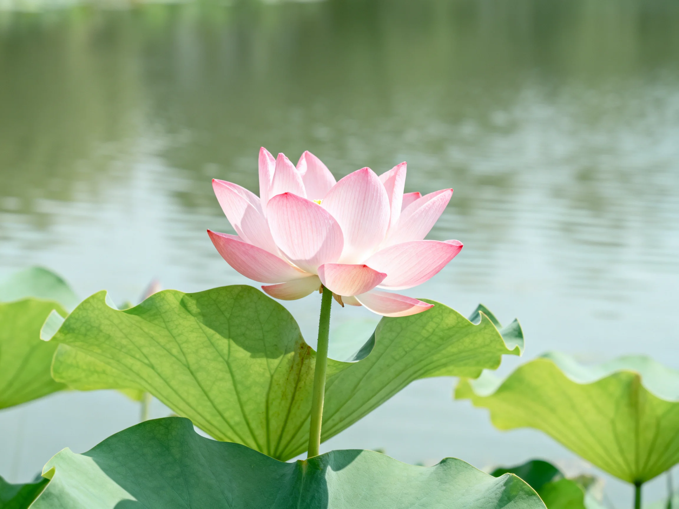 A single pink lotus among large green lily pads by calm water