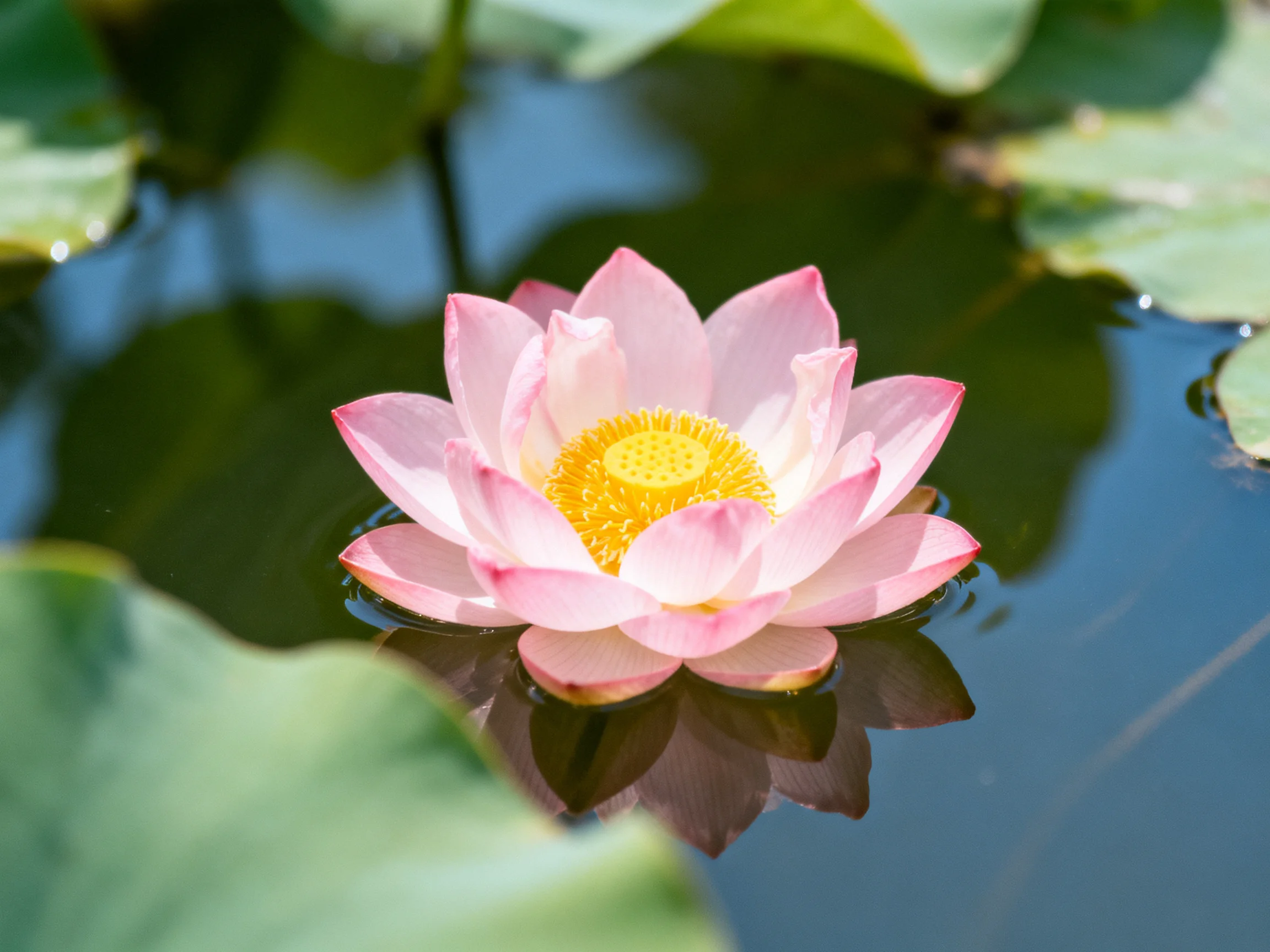 A single pink lotus blooms amid green lily pads on calm water