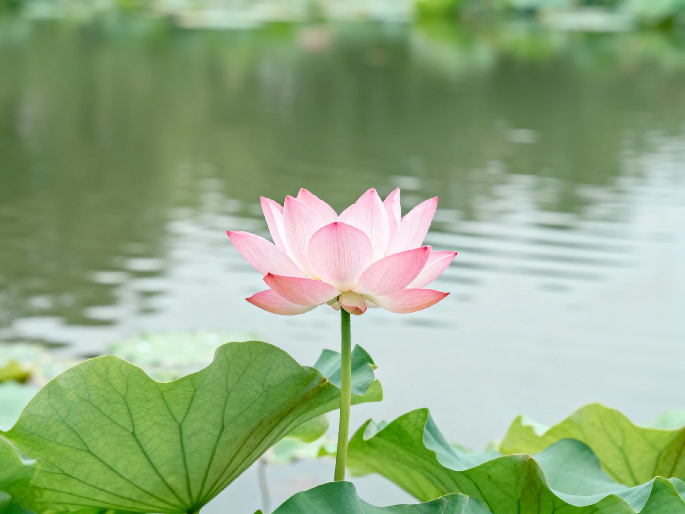 A single pink lotus blooms amid large green lily pads by calm water