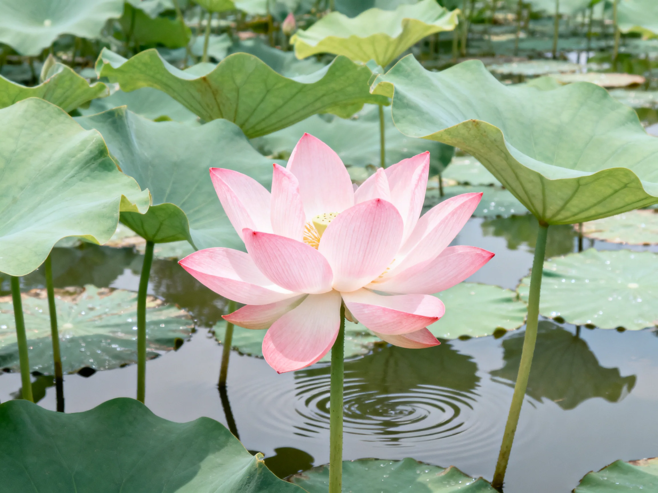 A single pink lotus blooms amid large green lily pads in calm water