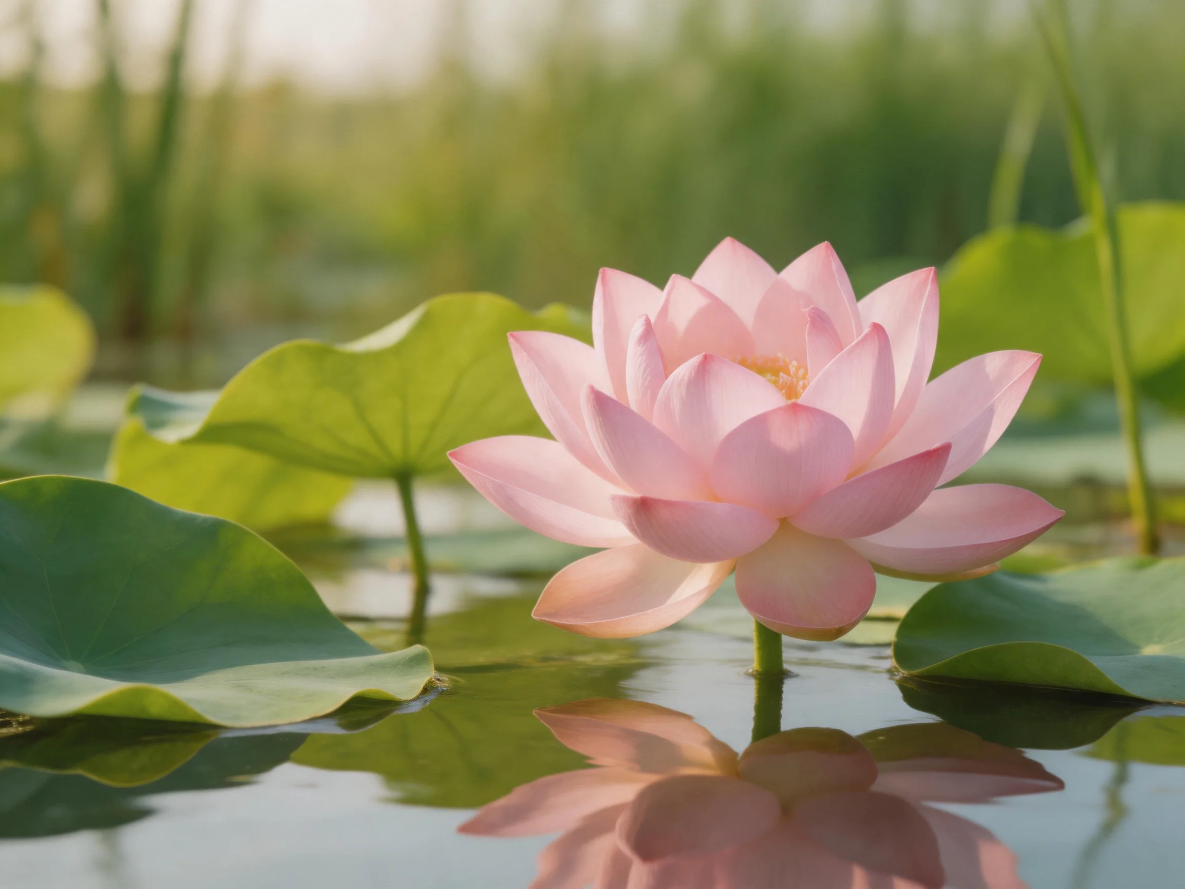 A single pink lotus blooms amid large green lily pads in calm water
