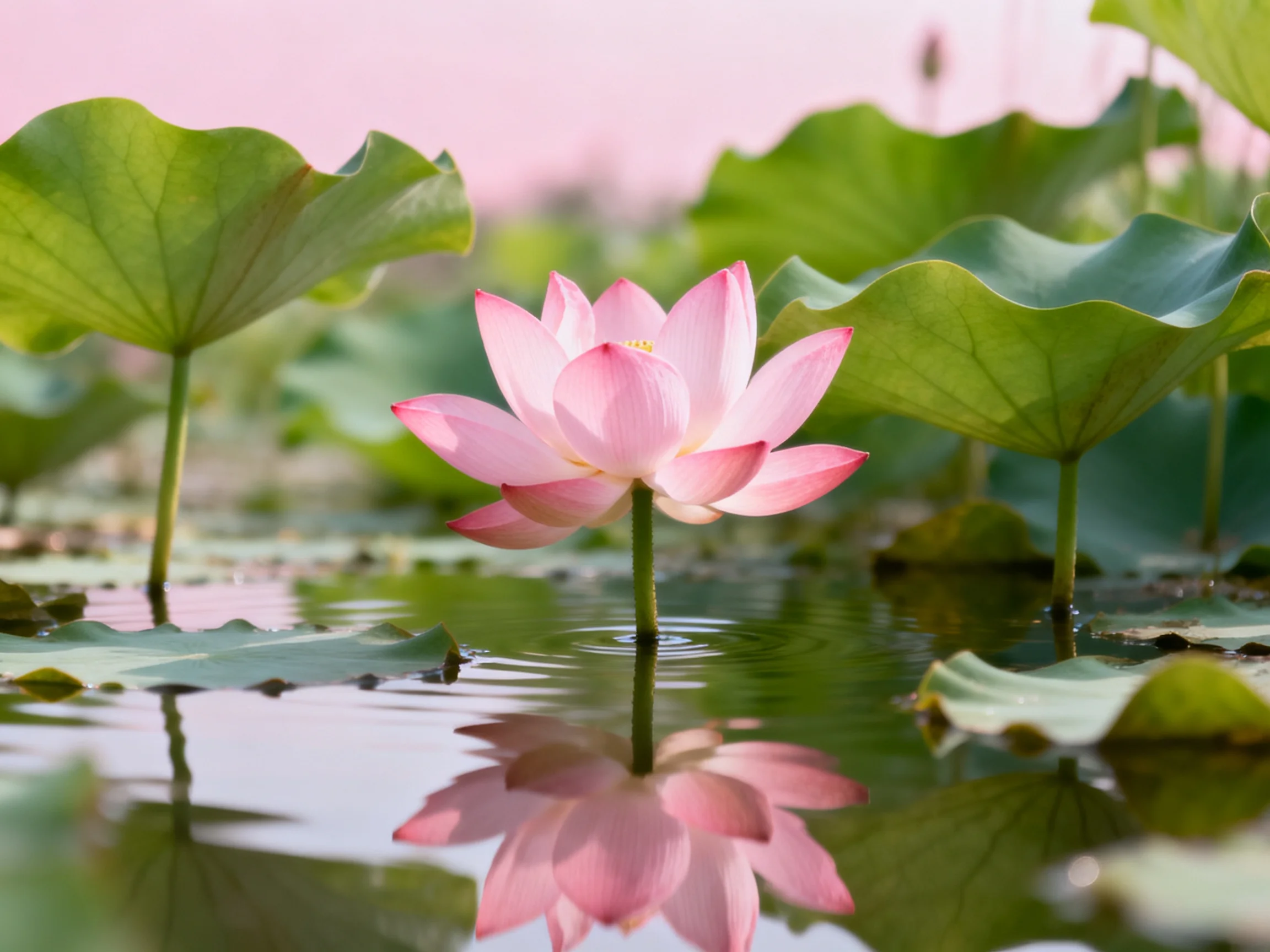 A single pink lotus blooms amid large green lily pads over calm water