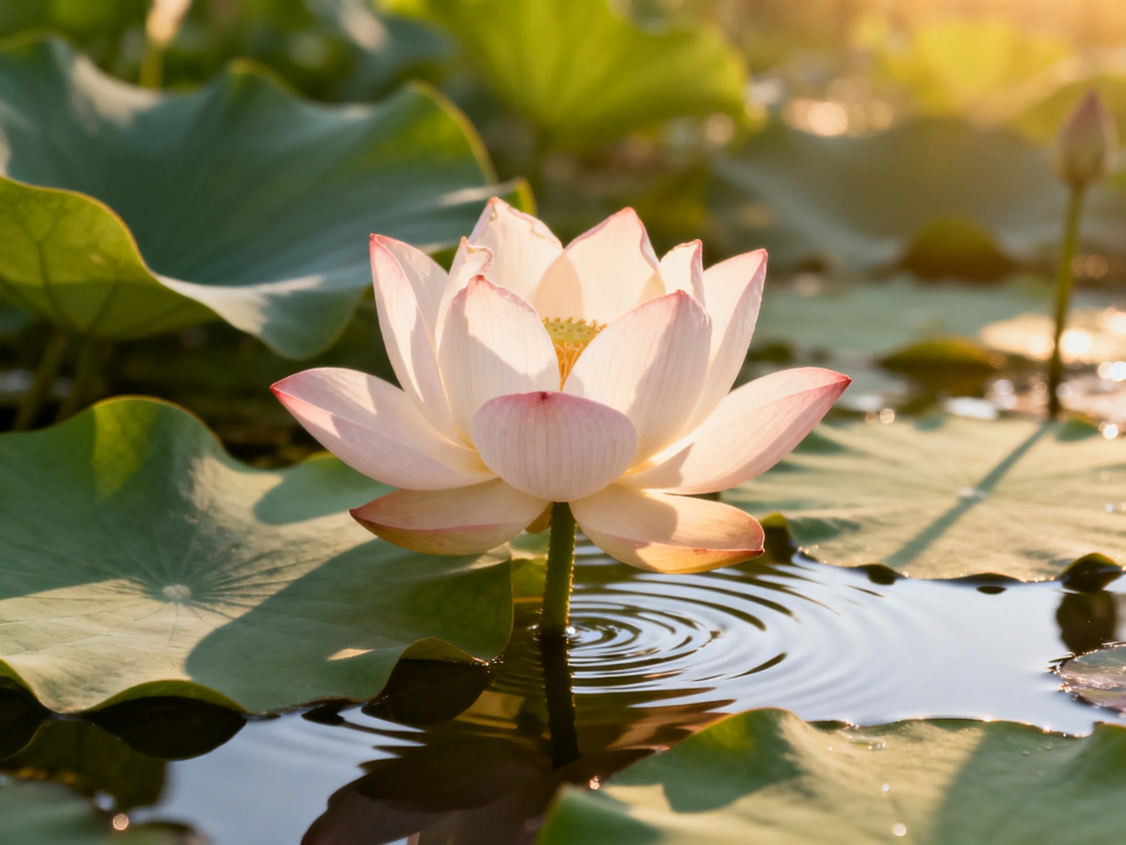 A single pink lotus blooms among broad green lily pads