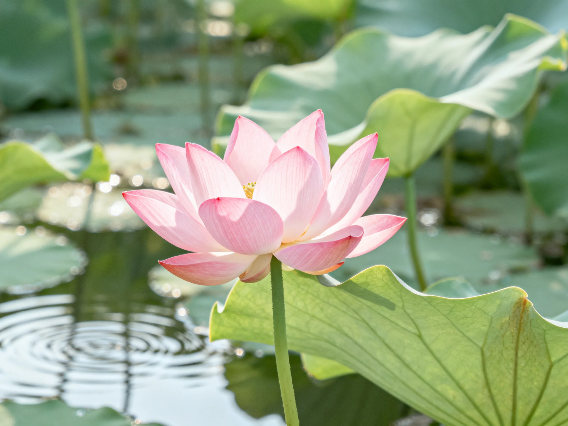 A single pink lotus blooms among large green lily pads by calm water