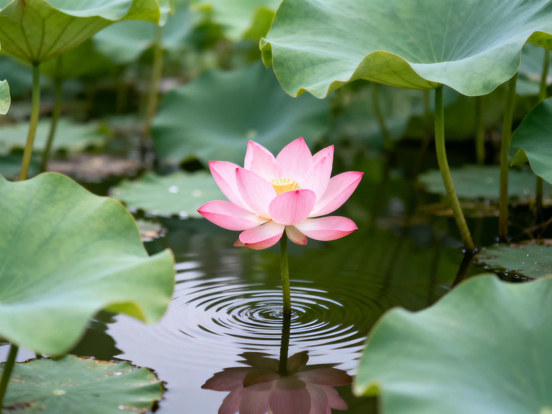 A single pink lotus blooms among large green lily pads in calm water