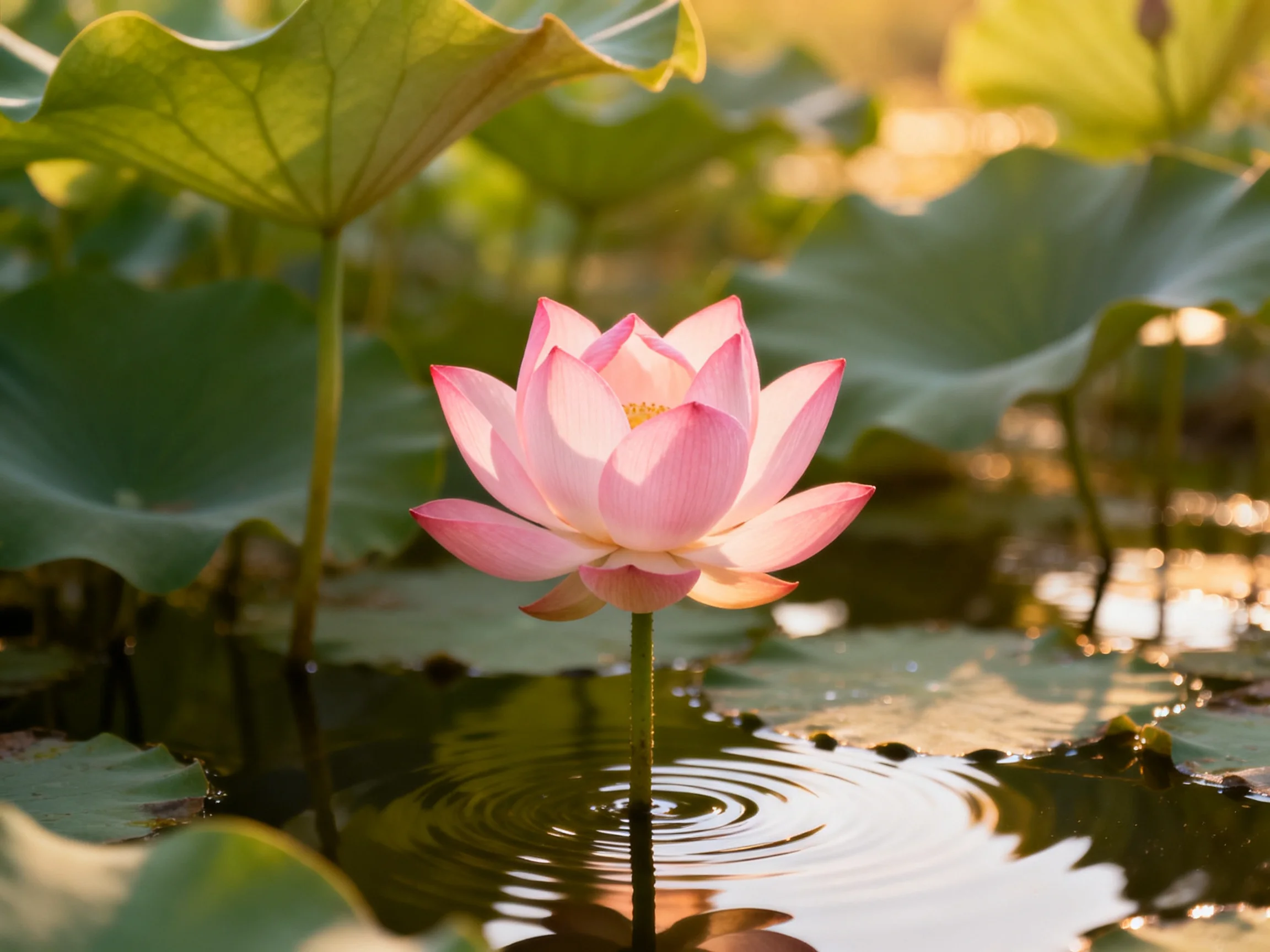 A single pink lotus blooms among large green lily pads