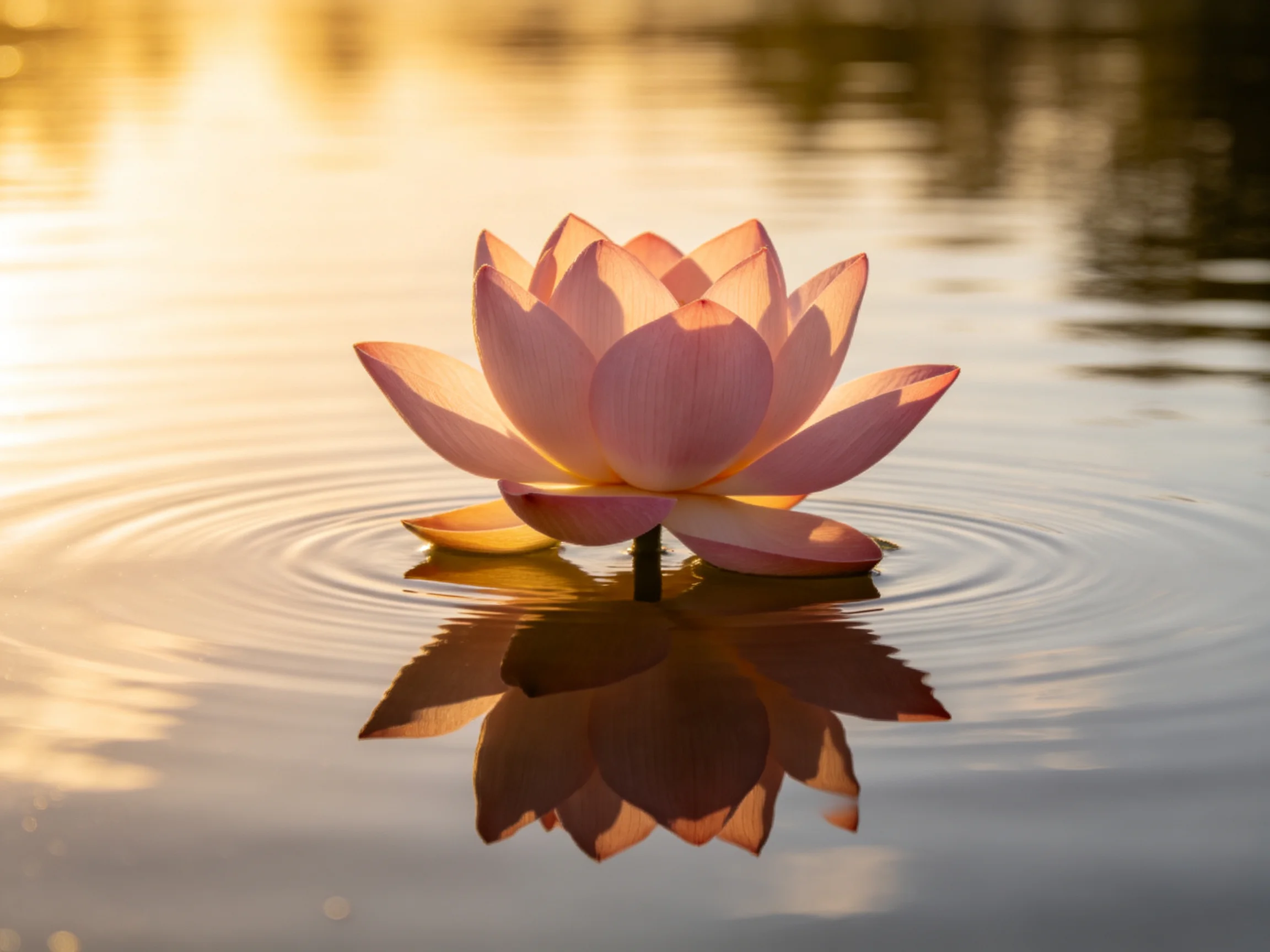 A single pink lotus blooms on calm water with golden reflections