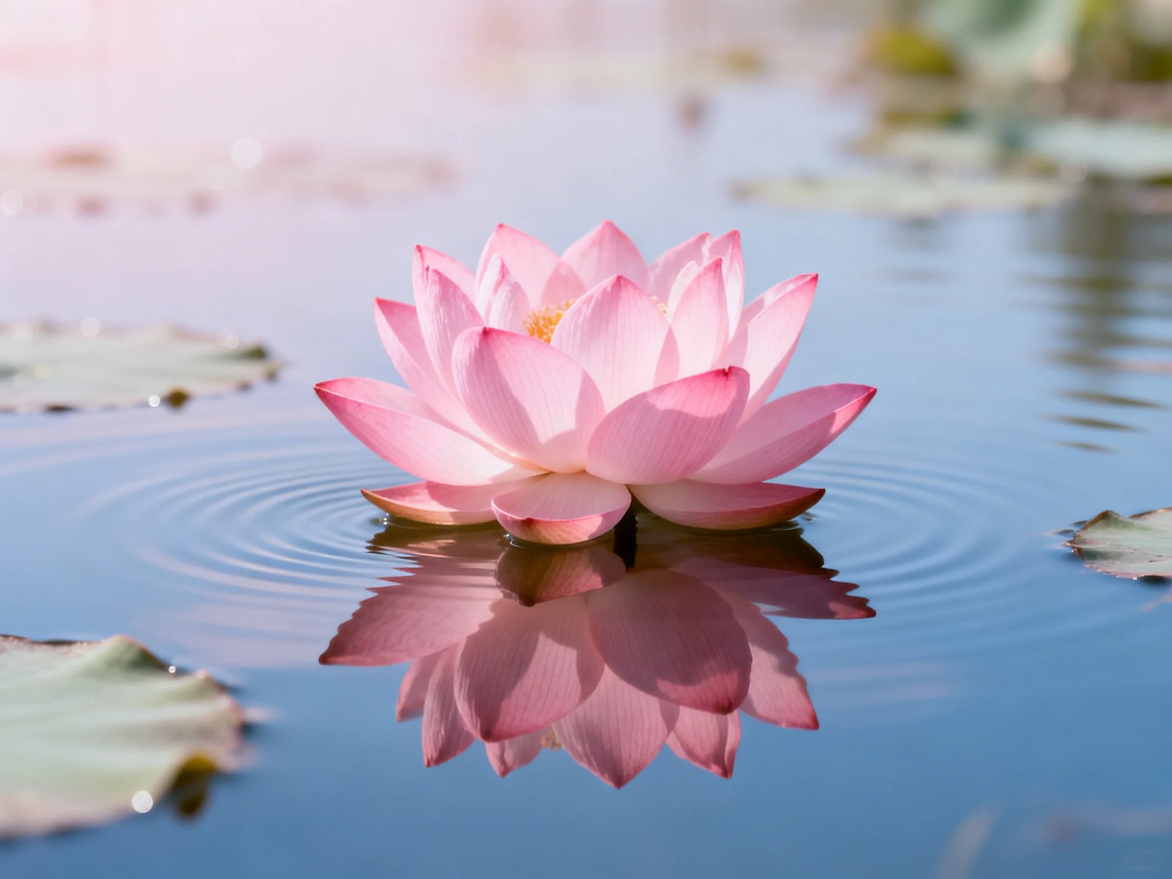 A single pink lotus blooms peacefully on calm water