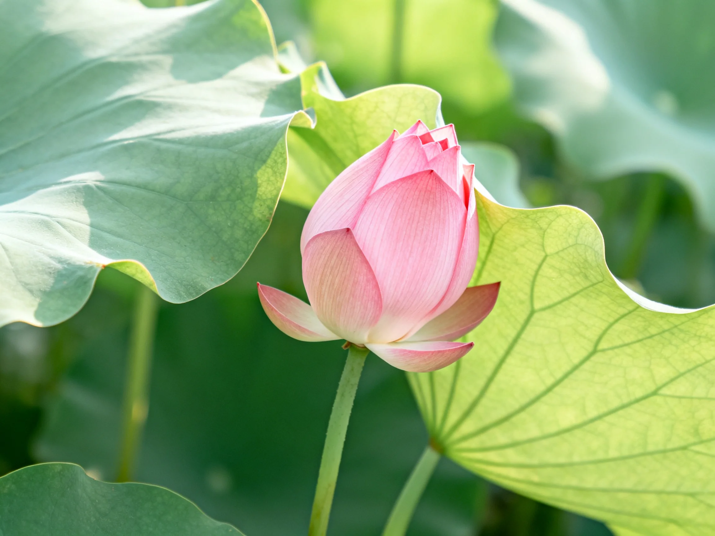 A single pink lotus bud nestled among large green leaves