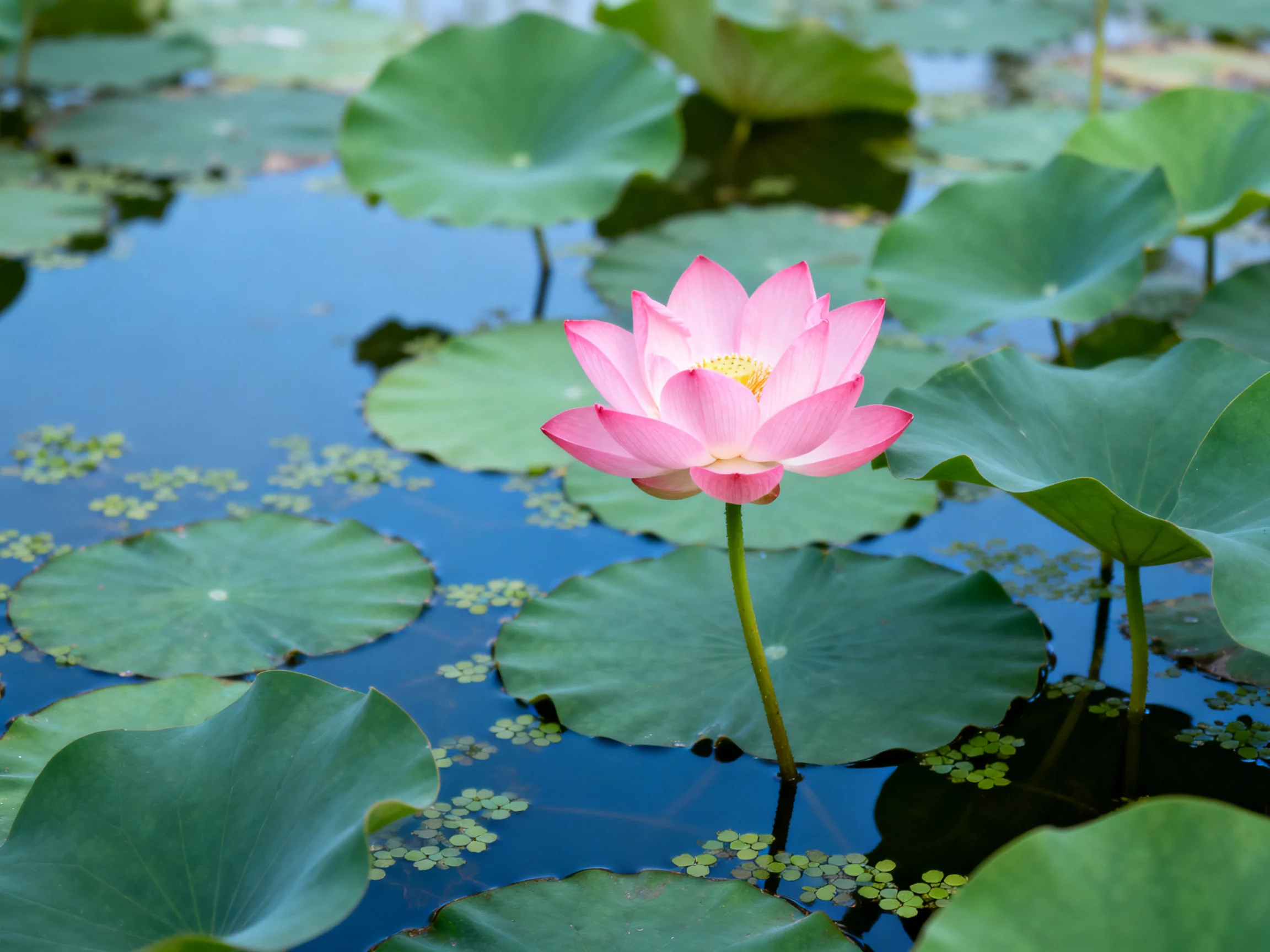 A single pink lotus stands among large green lily pads in calm water