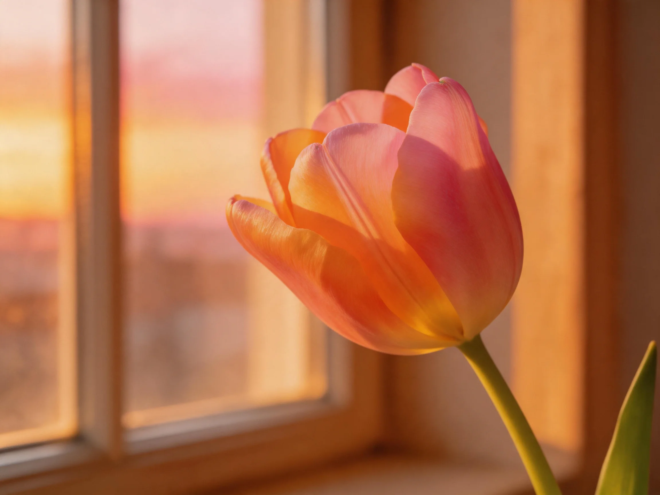 A single pink-orange tulip sits by a sunlit window with a golden sunset view