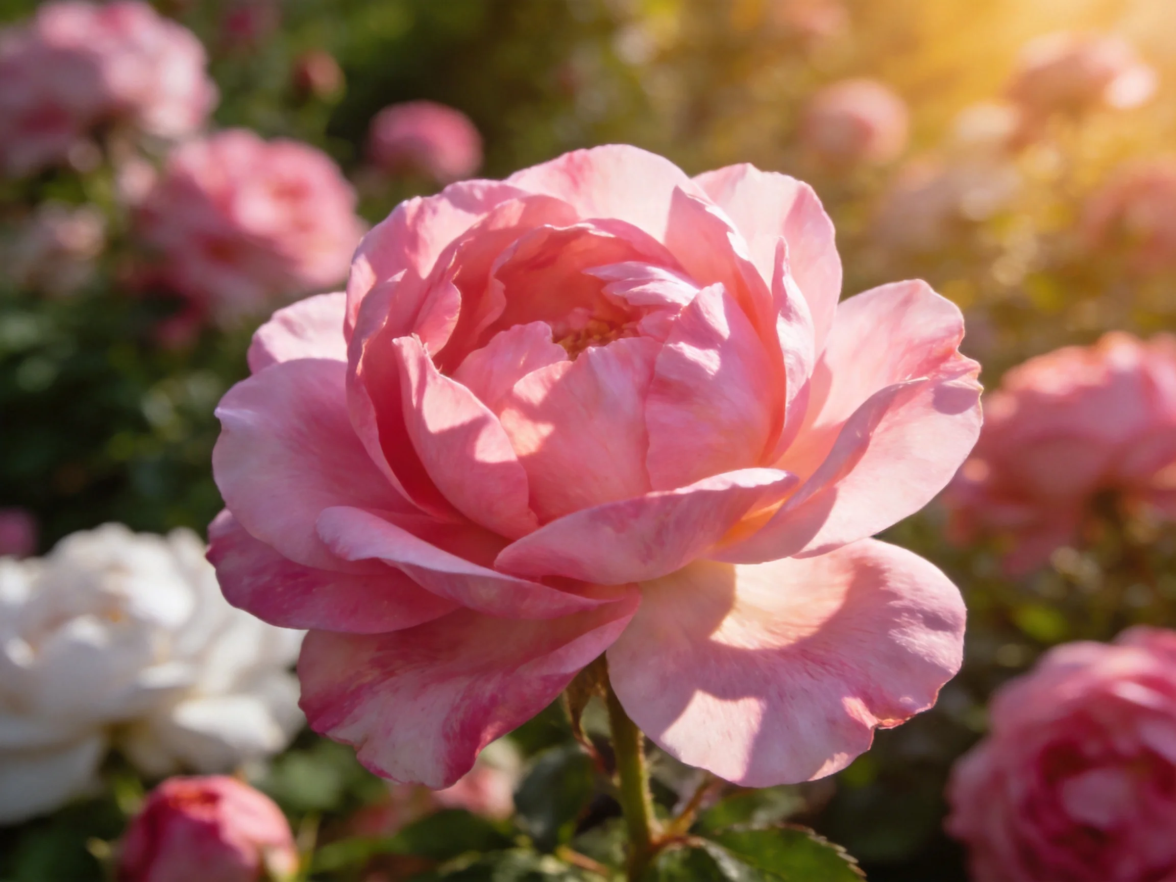A single pink rose blooms among multicolored flowers under bright sunlight