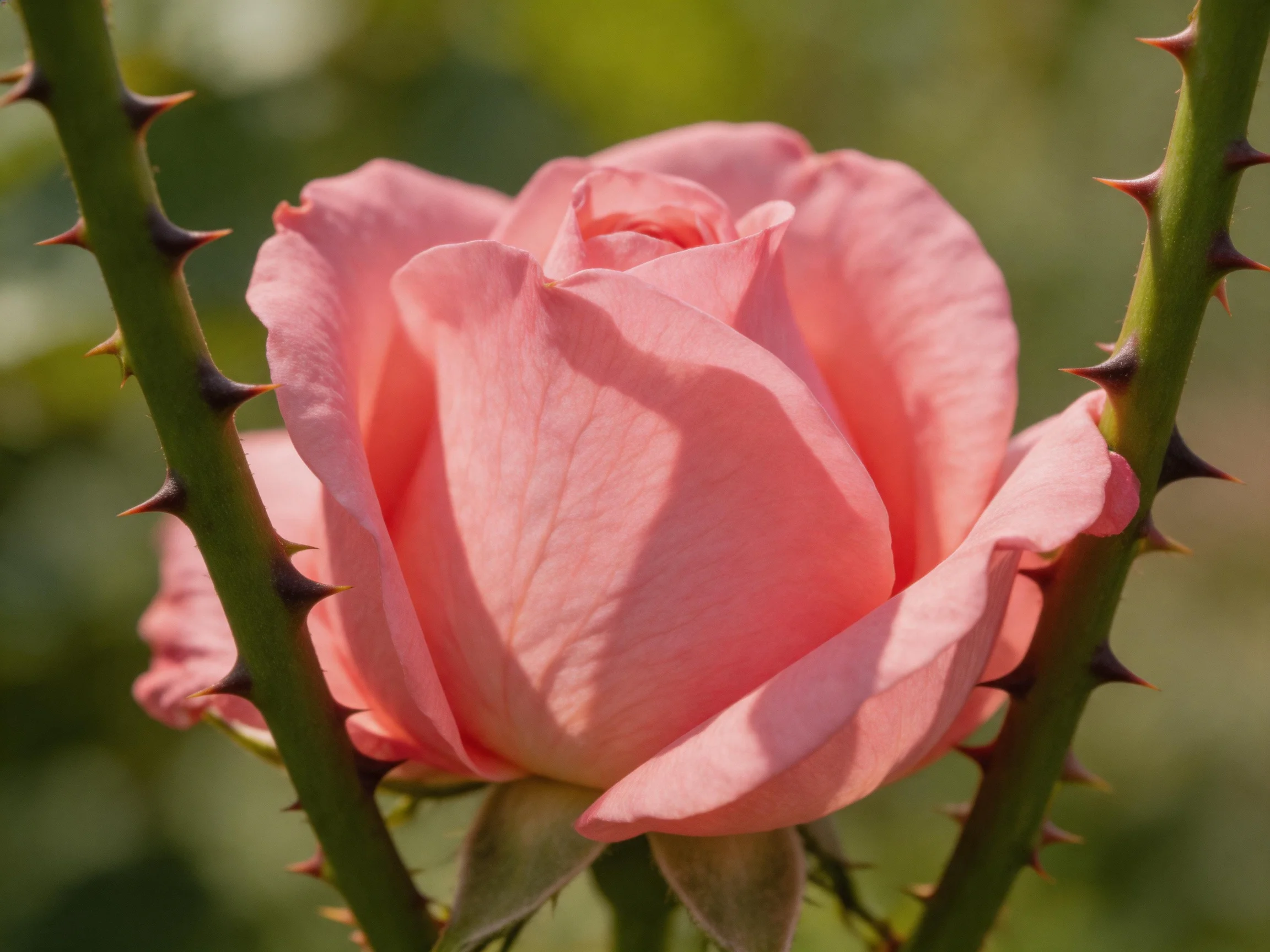 A single pink rose blooms between two thorny green stems