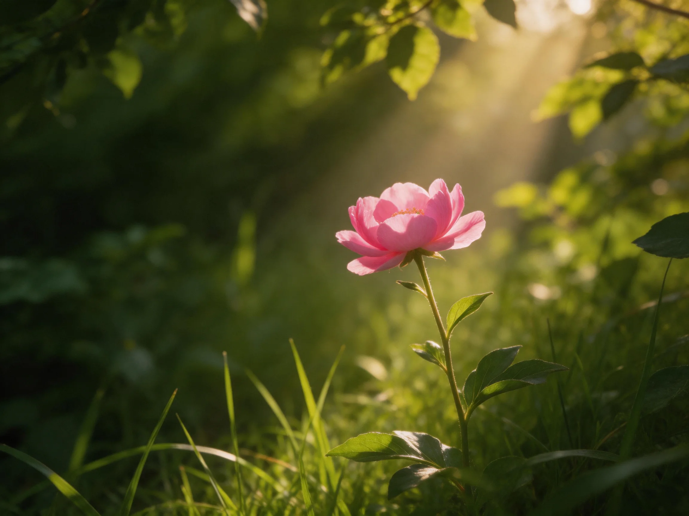 A single pink rose blooms in lush green foliage with golden sunlight