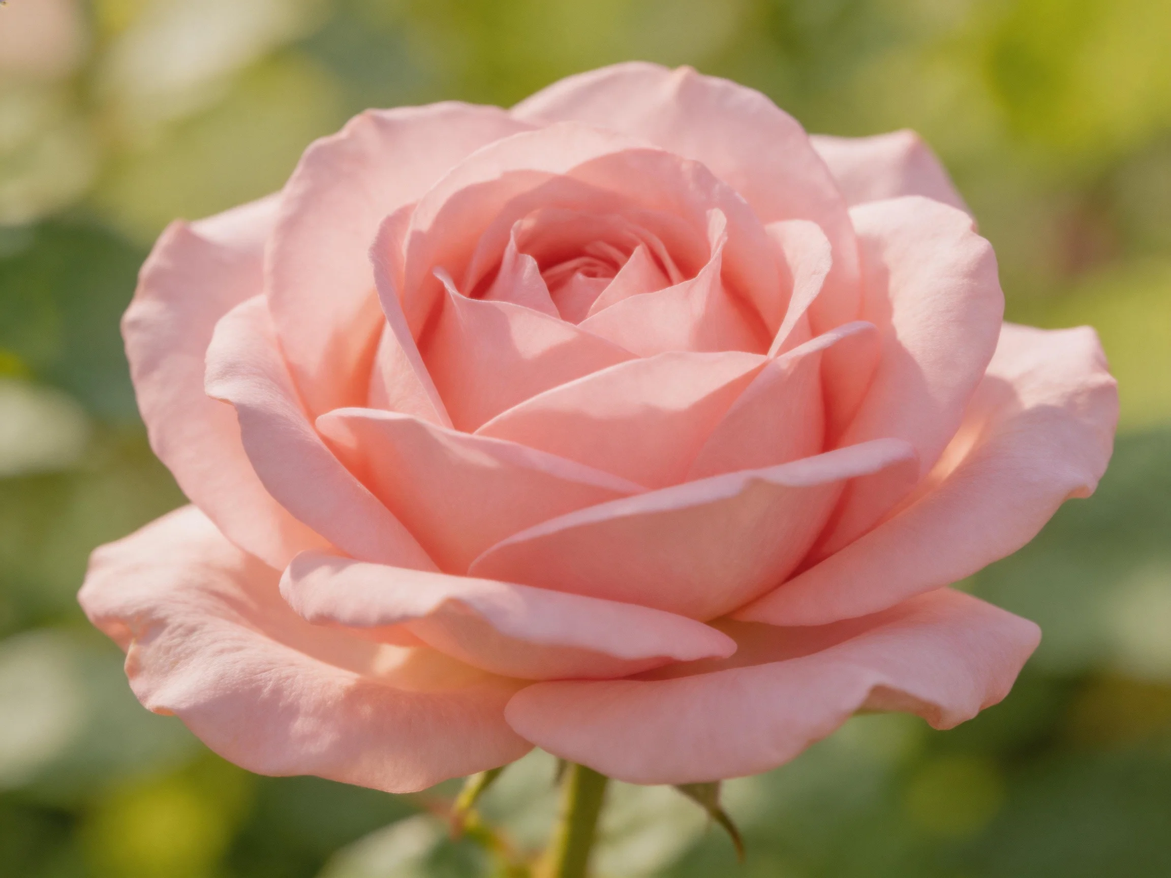 A single pink rose in full bloom with blurred green surroundings