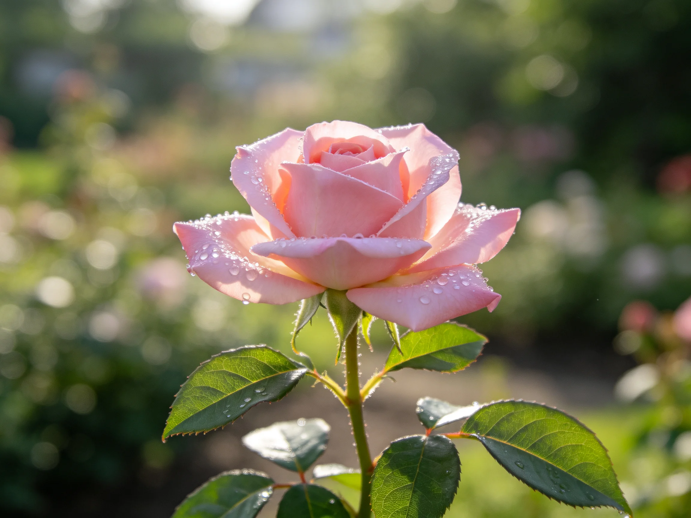 A single pink rose with dew droplets in a sunlit garden