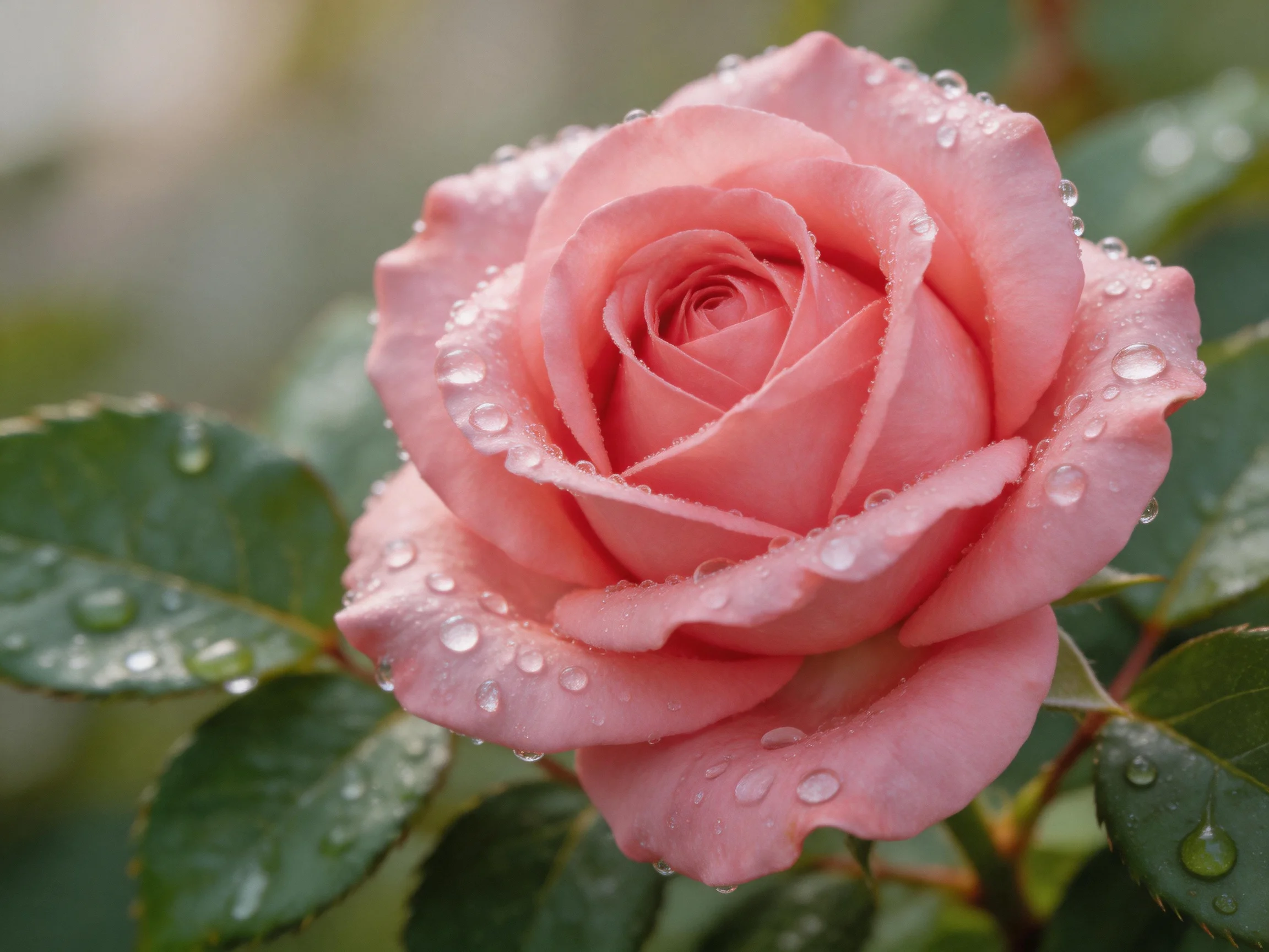 A single pink rose with glistening water droplets