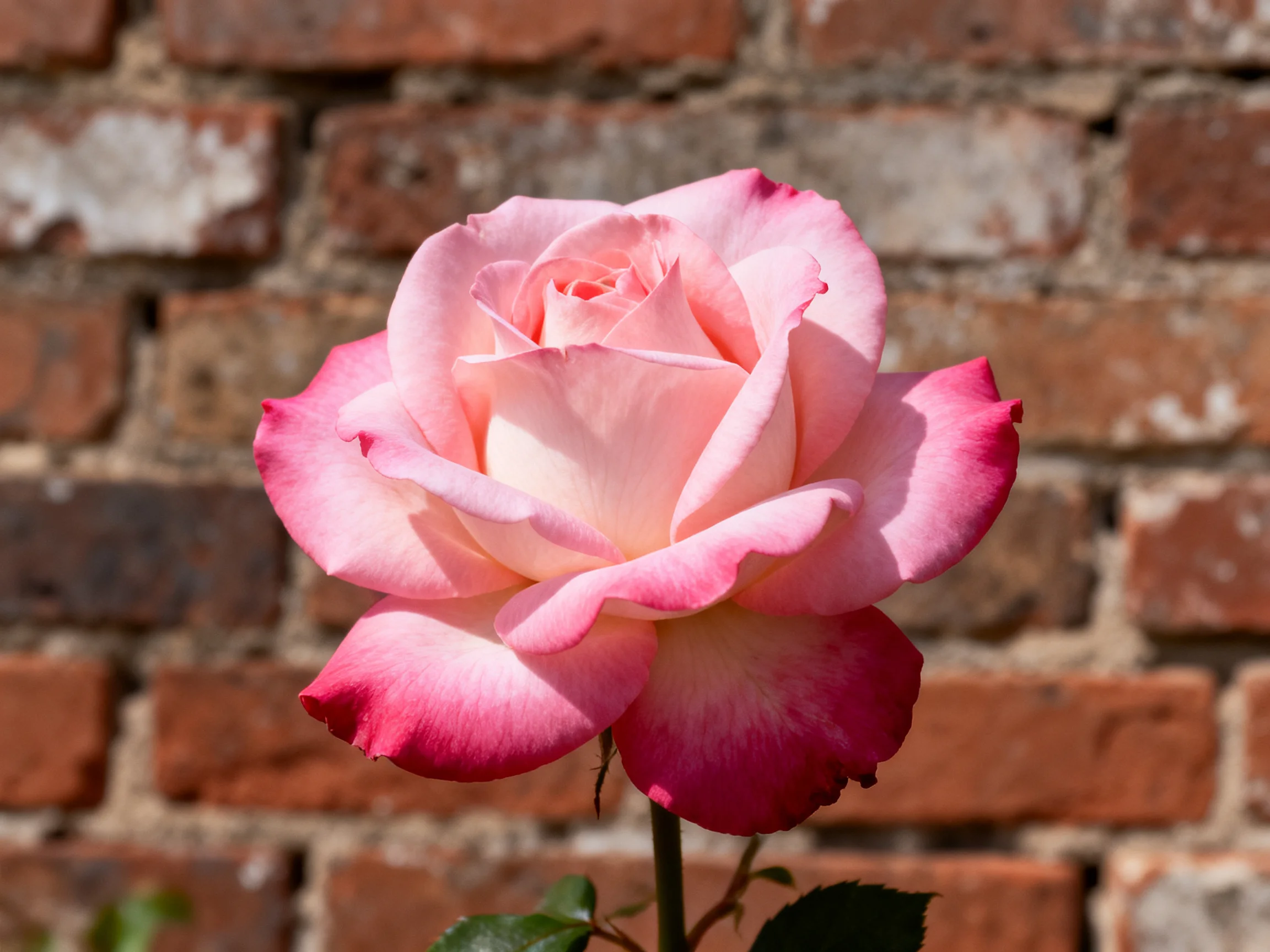 A single pink rose with gradient petals sits before a weathered red-brick wall