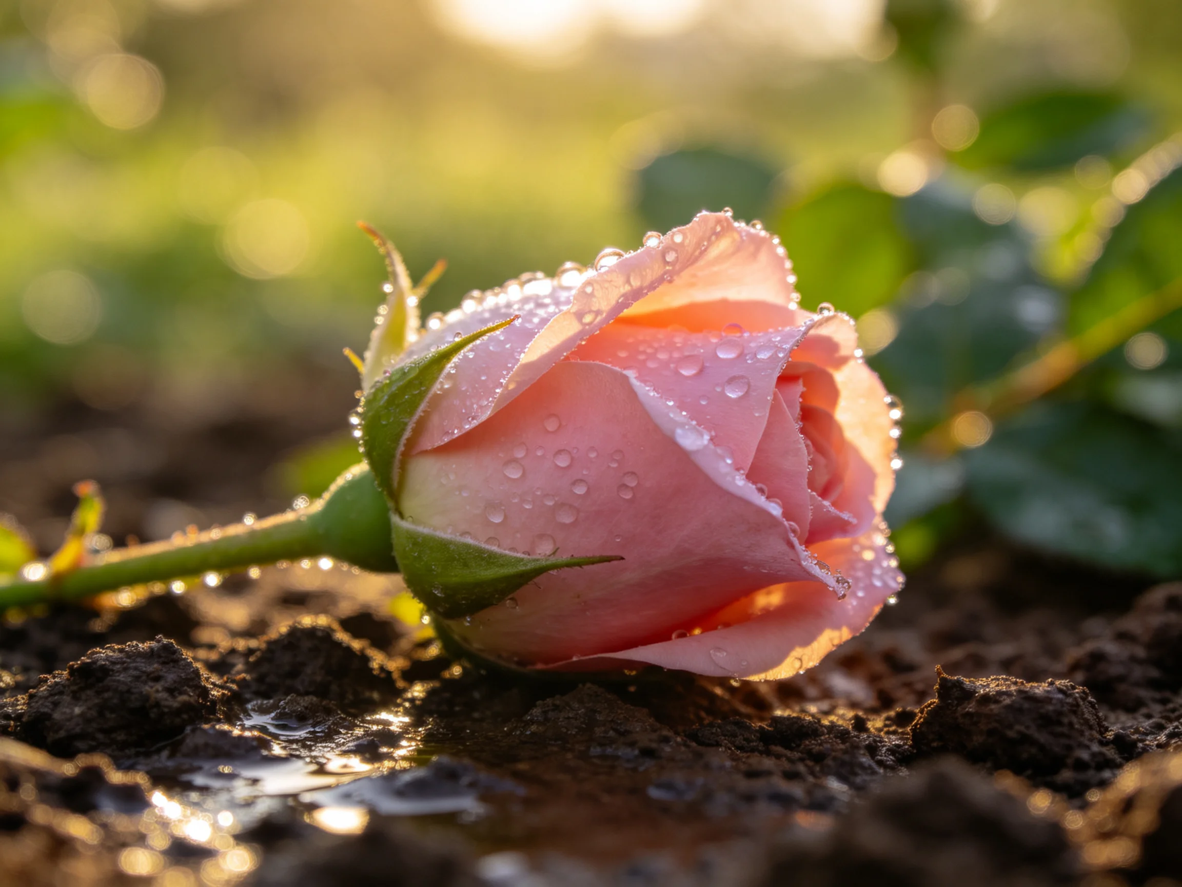 A single pink rosebud with dew droplets rests on dark earth