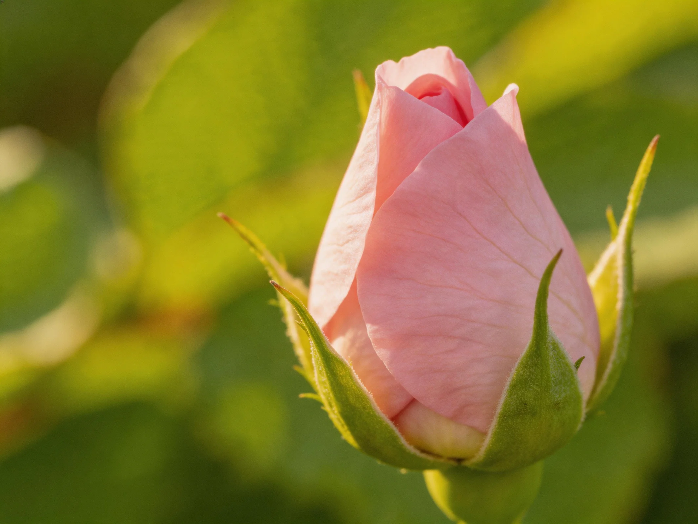 A single pink rosebud with green sepals in natural light