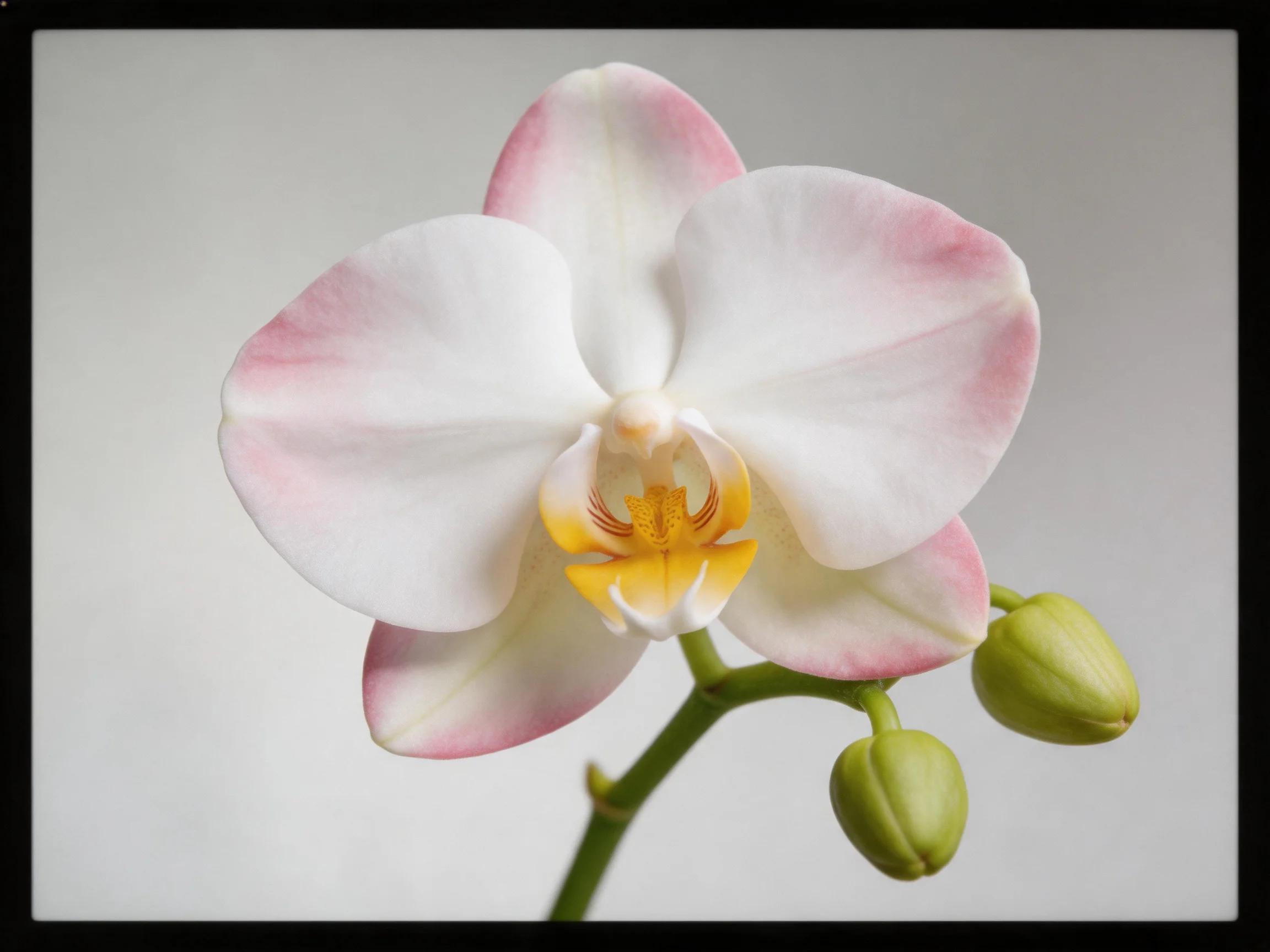 A single pink-tipped white orchid with two green buds
