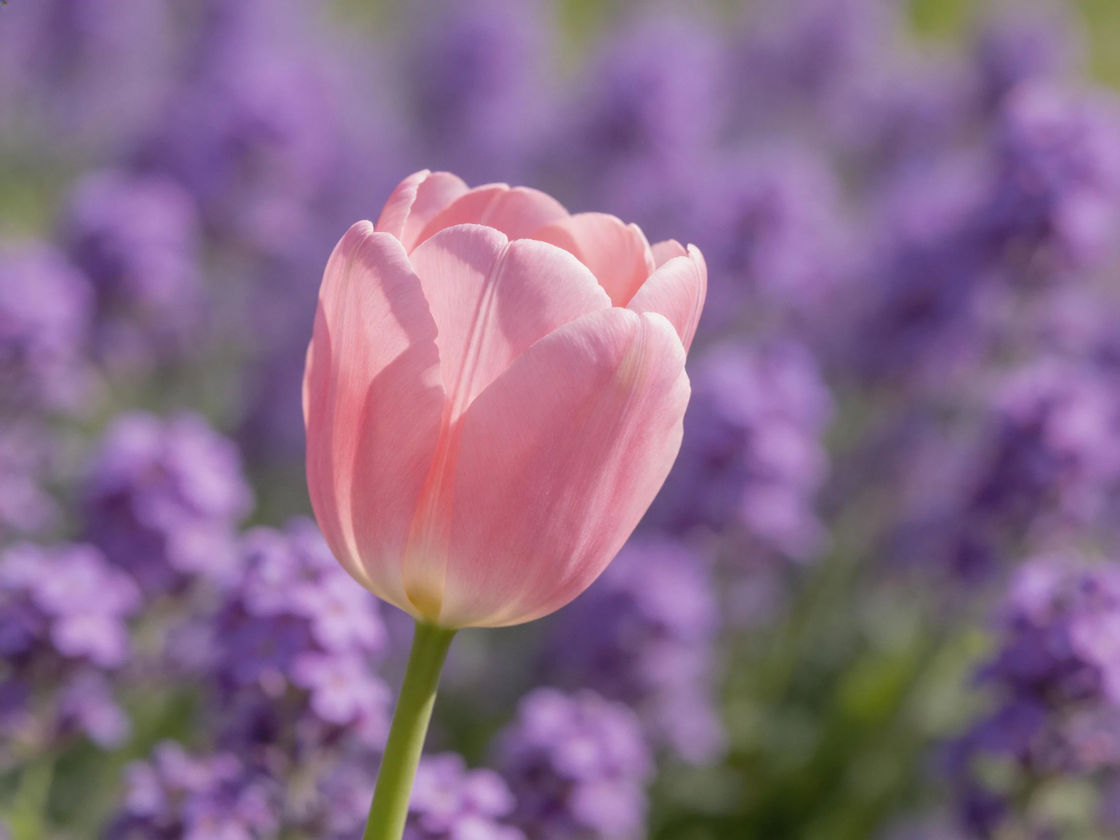 A single pink tulip stands out among blurred purple blooms