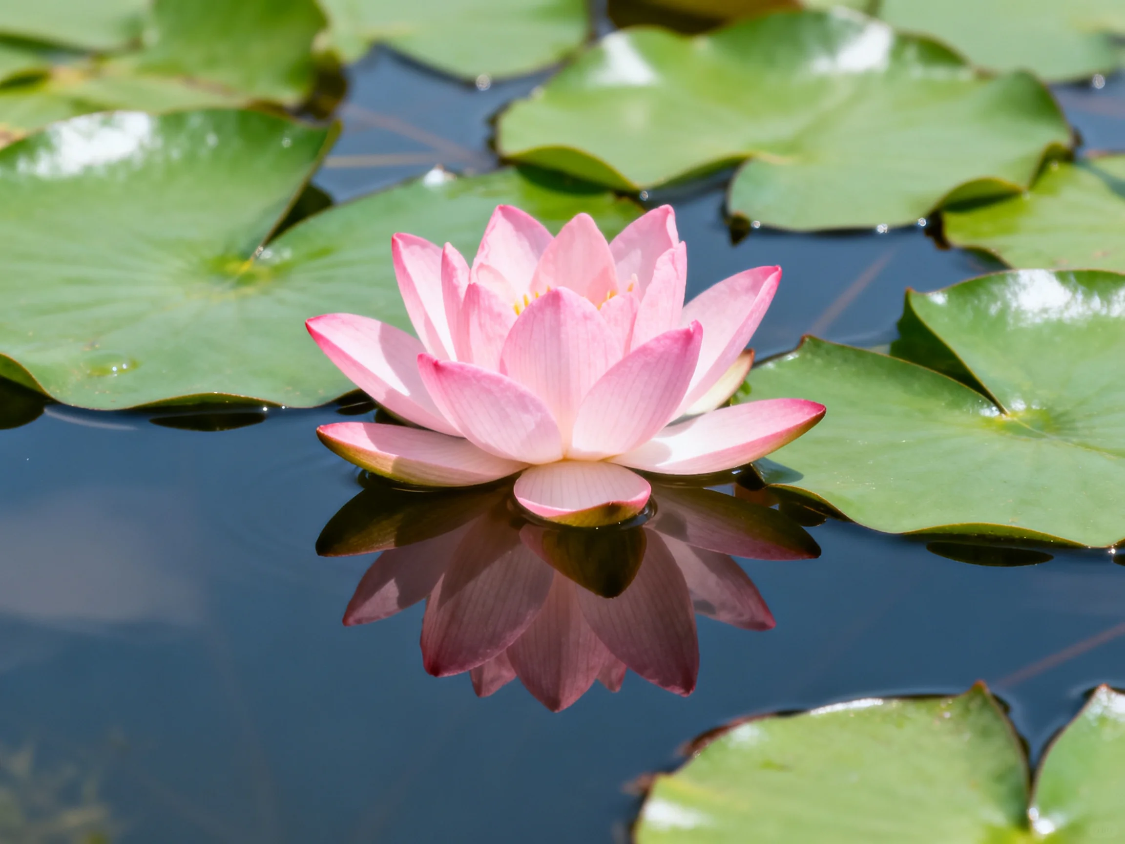 A single pink water lily blooms amid broad green lily pads