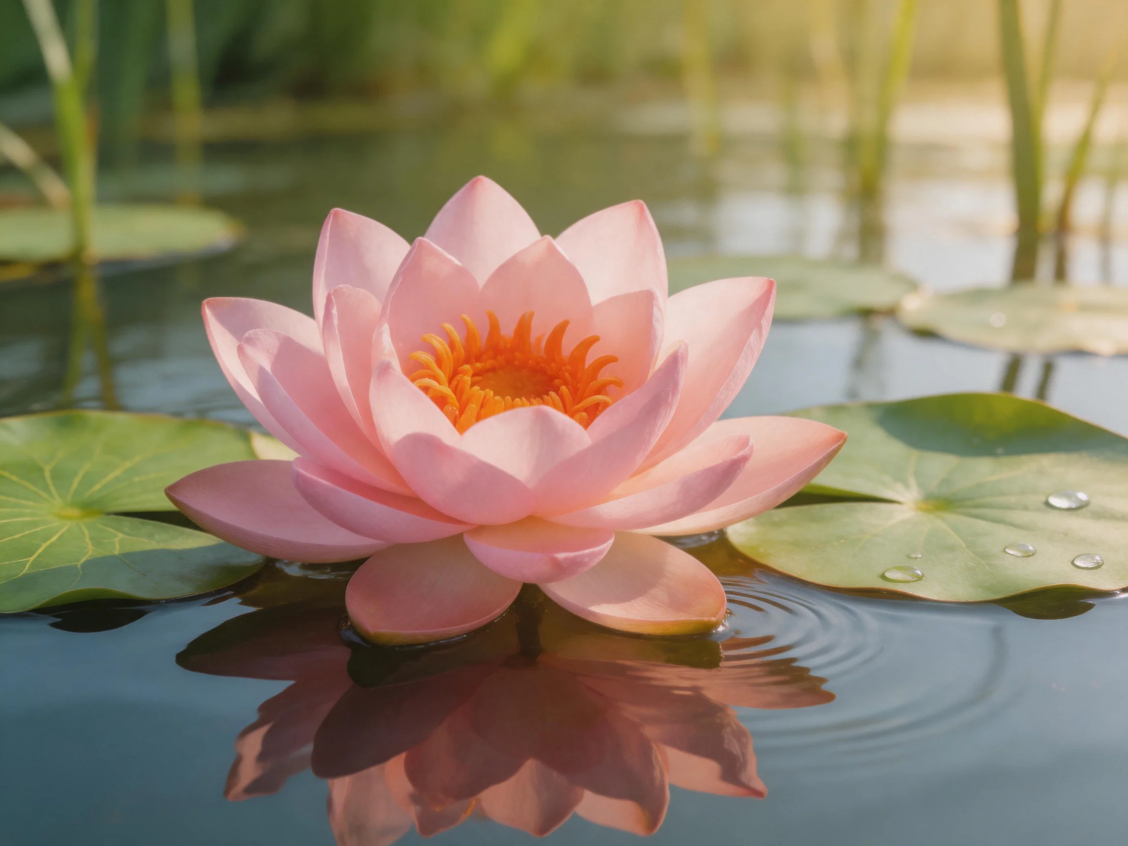 A single pink water lily blooms among green lily pads