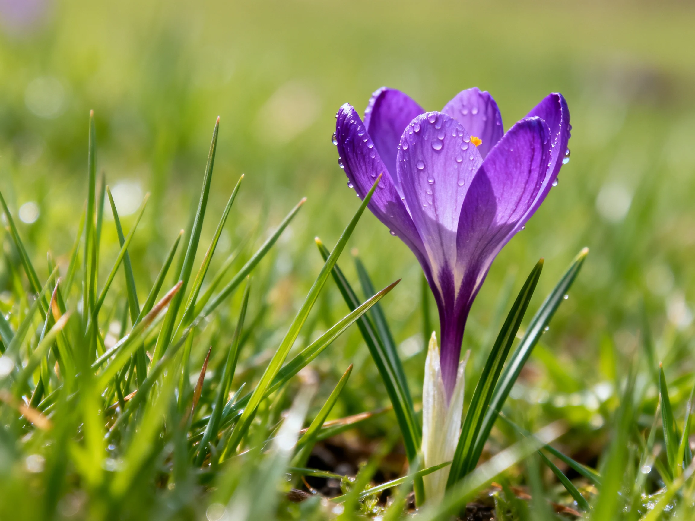 A single purple crocus blooms amid dewy green grass