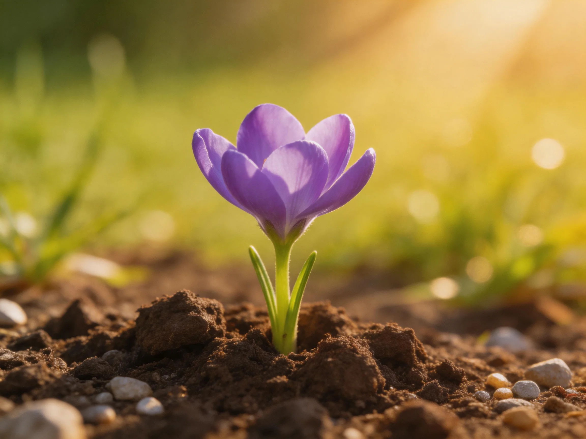 A single purple crocus blooms from dark earth with scattered pebbles