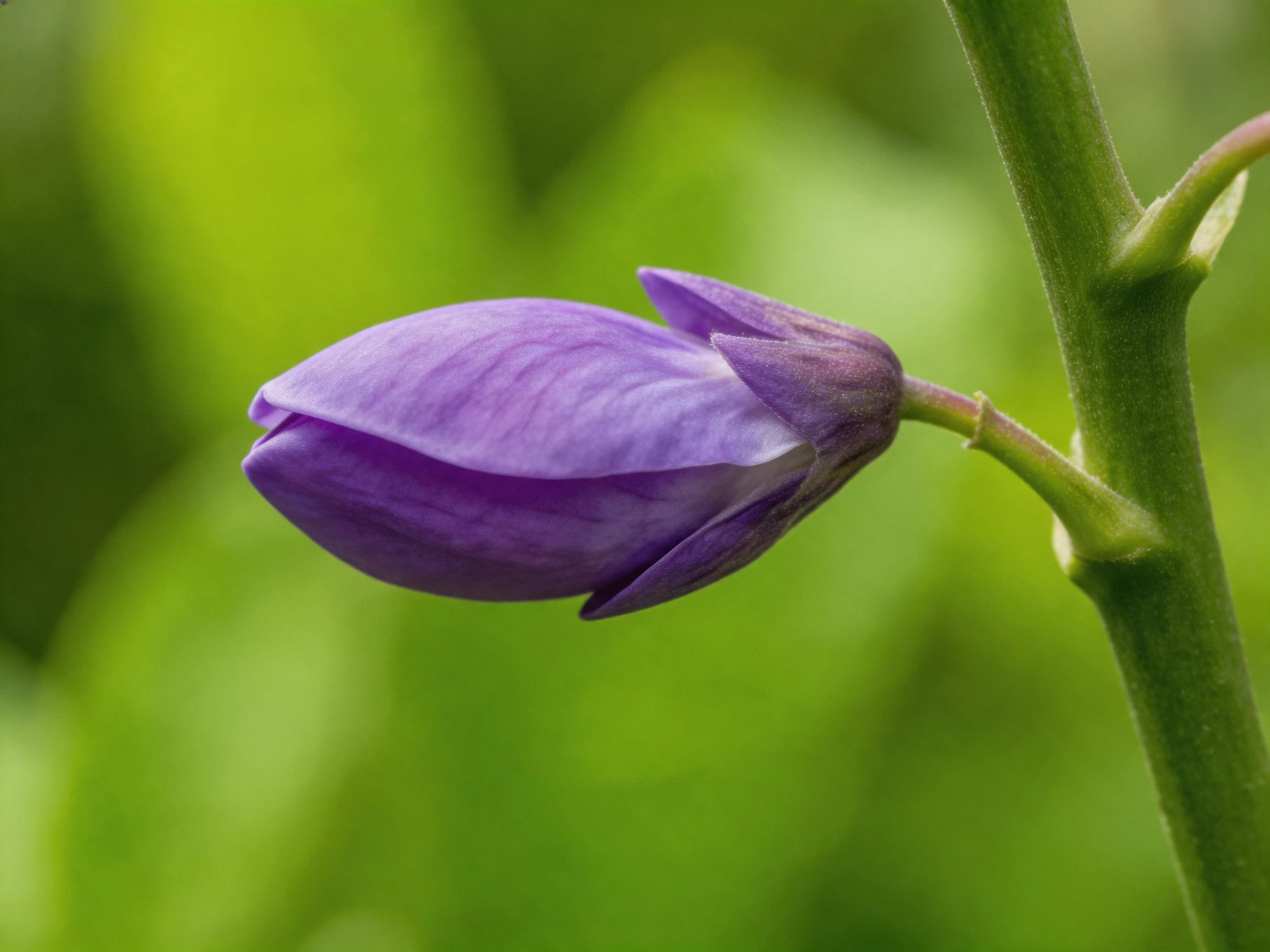 A single purple flower bud attached to a slender green stem