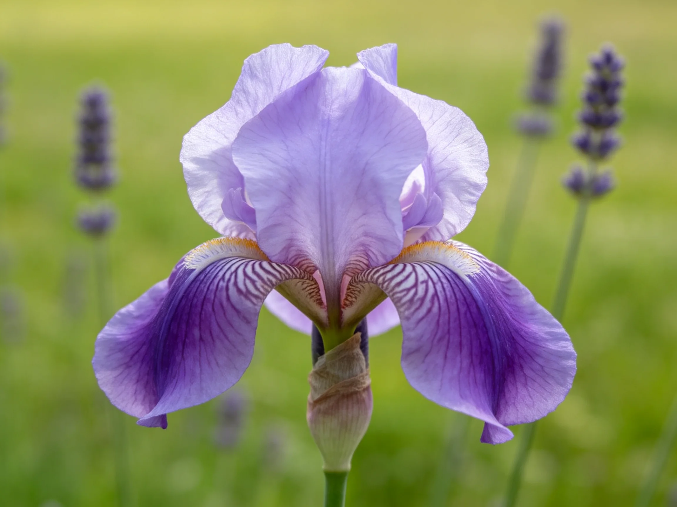 A single purple iris blooms among blurred lavender and green foliage