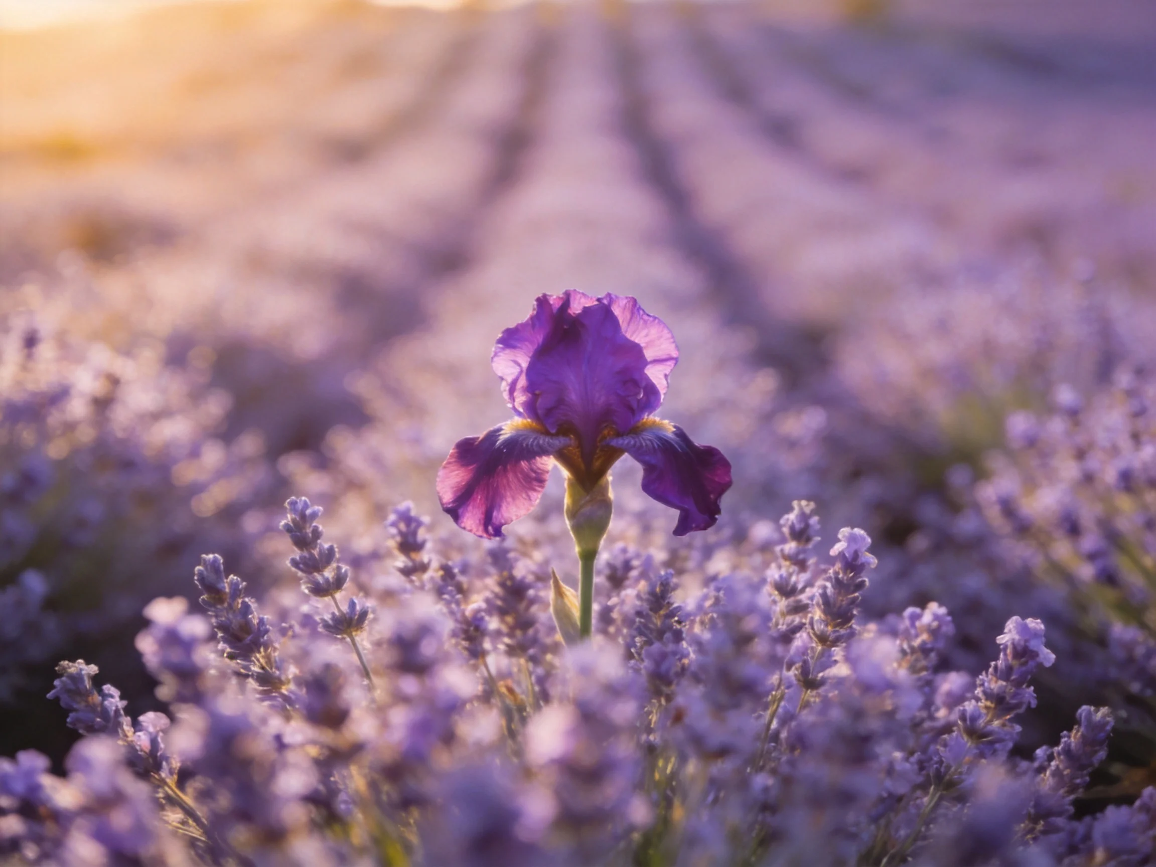 A single purple iris blooms among lavender fields under golden sunlight