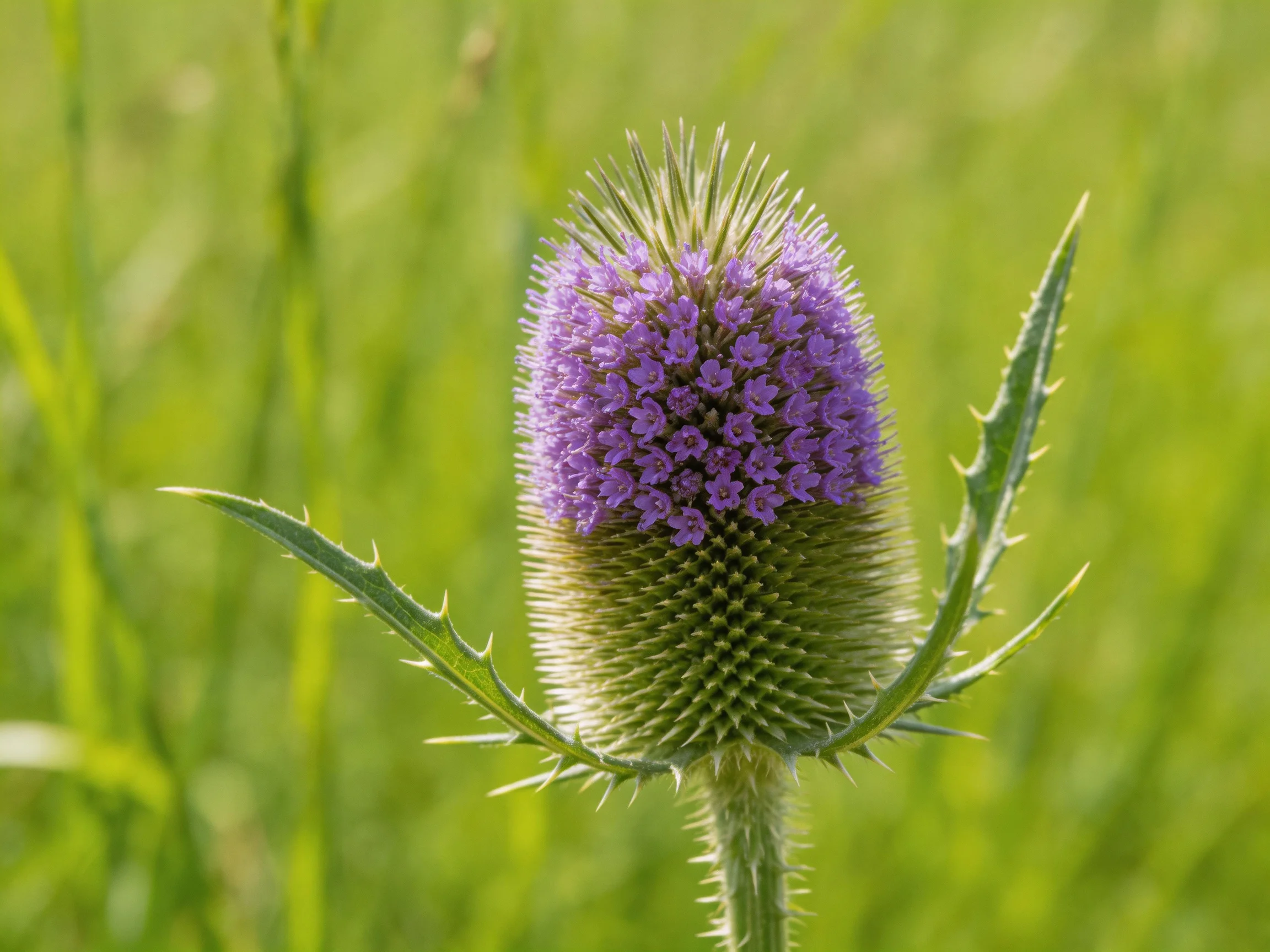 A single purple thistle with spiky green bracts