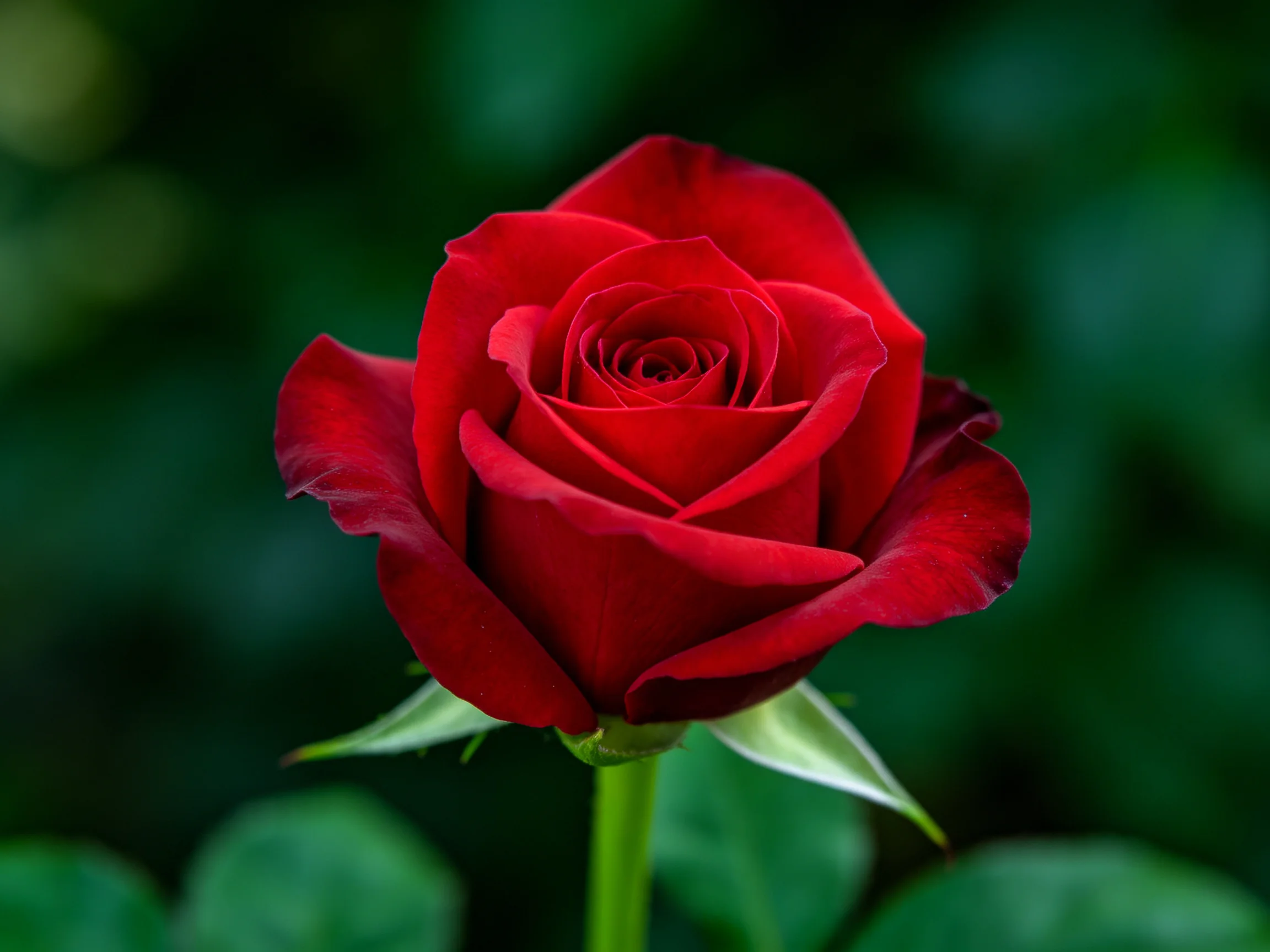 A single red rose in sharp focus with dark green blurred surroundings