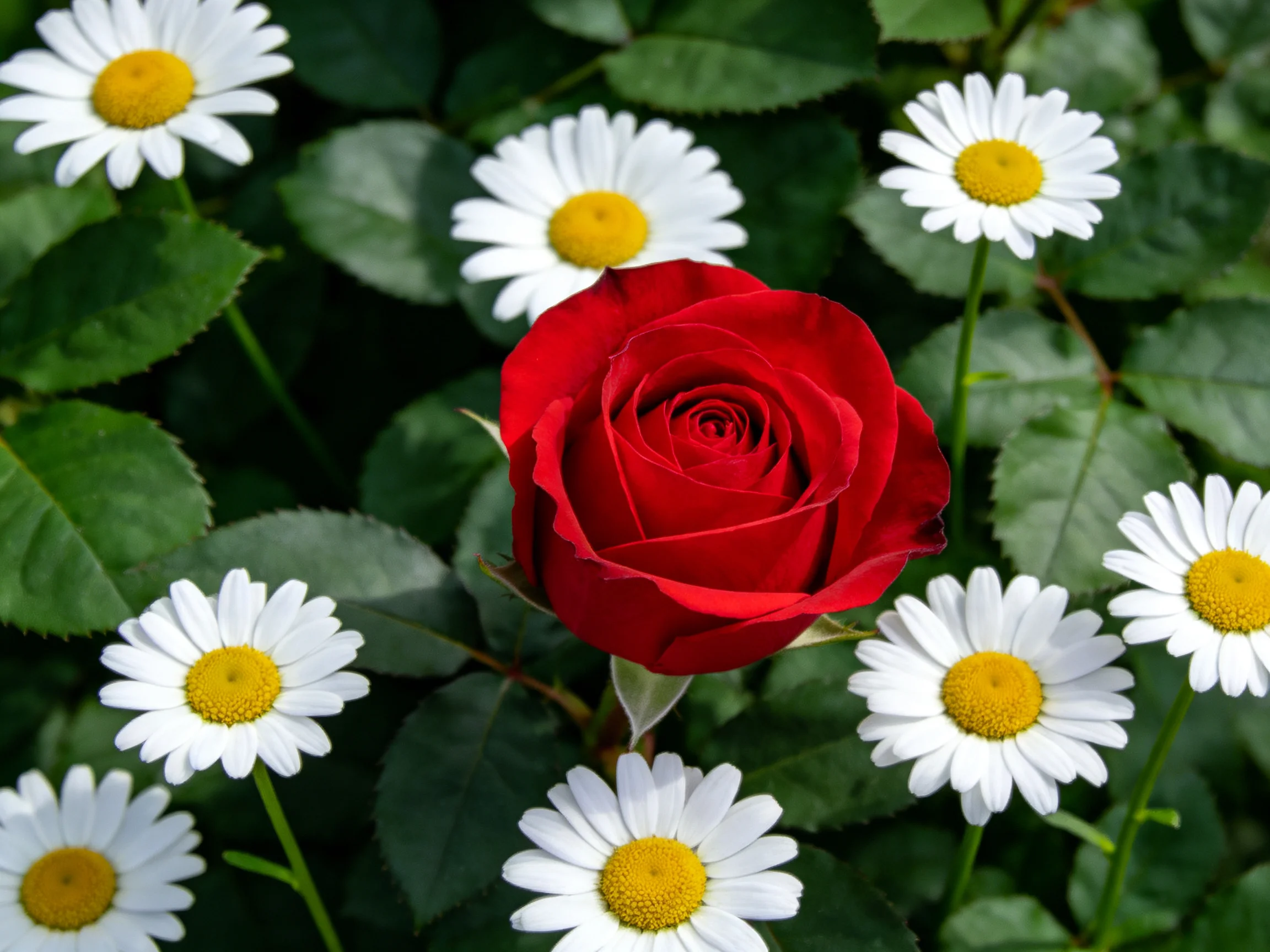 A single red rose surrounded by six white daisies with yellow centers