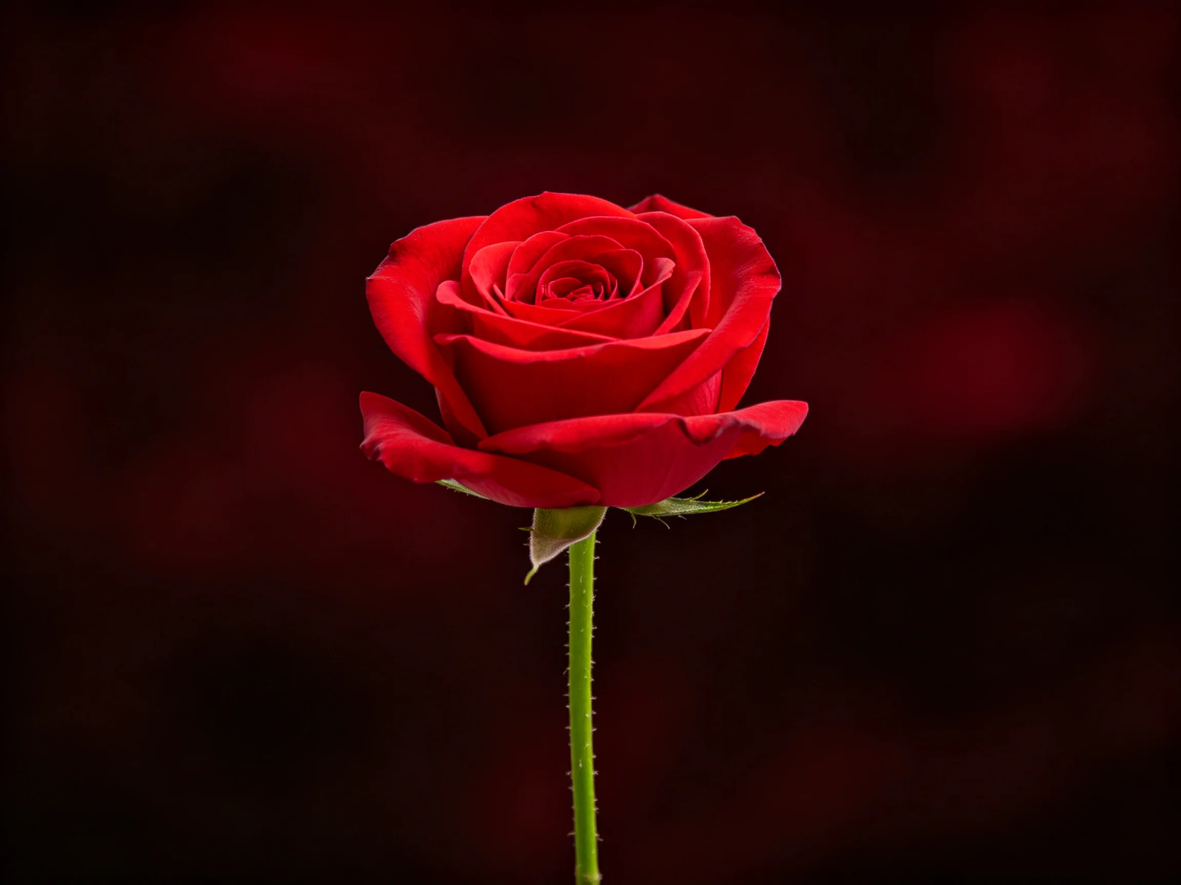 A single red rose with layered petals on a slender green stem